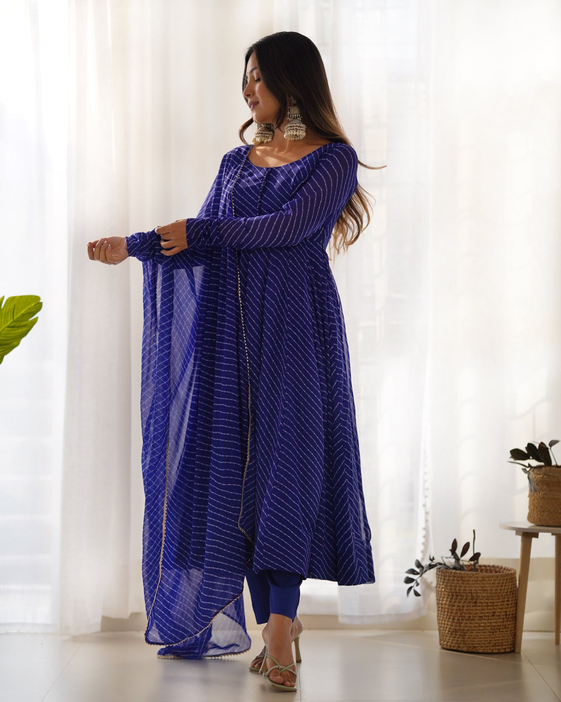Lorenvalley Fashion Women Pure Soft Faux Georgette Laheriya Print Fully Flair Anarkali Kurta Pant With Dupatta Set - Blue | Swadesiicart