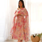 Lorenvalley Fashion Women Pure Soft Faux Georgette Floral Print Fully Flair Anarkali Kurta Pant With Dupatta Set - Peach | Swadesiicart