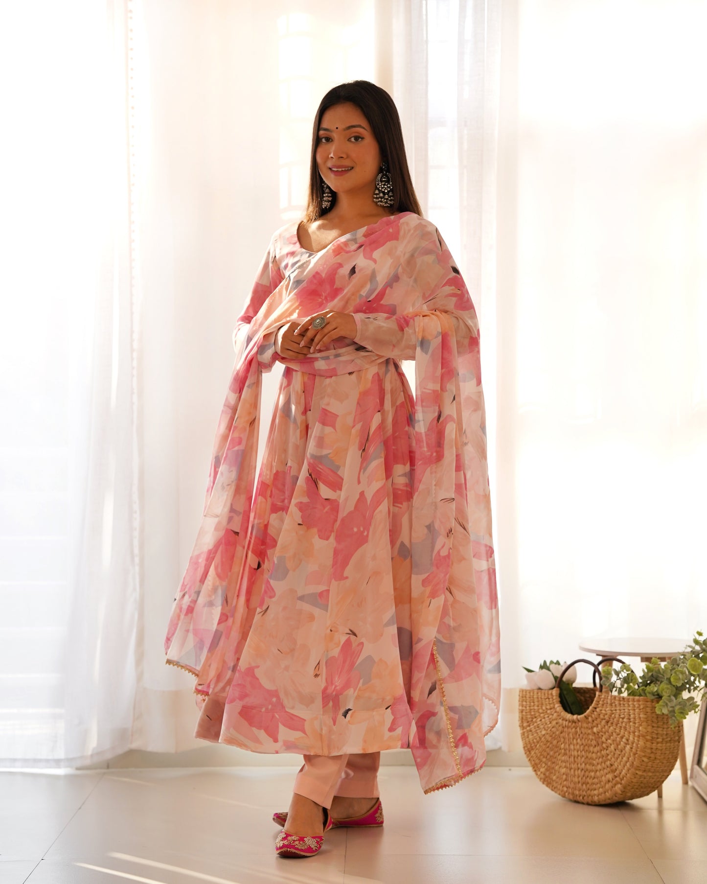 Lorenvalley Fashion Women Pure Soft Faux Georgette Floral Print Fully Flair Anarkali Kurta Pant With Dupatta Set - Peach | Swadesiicart