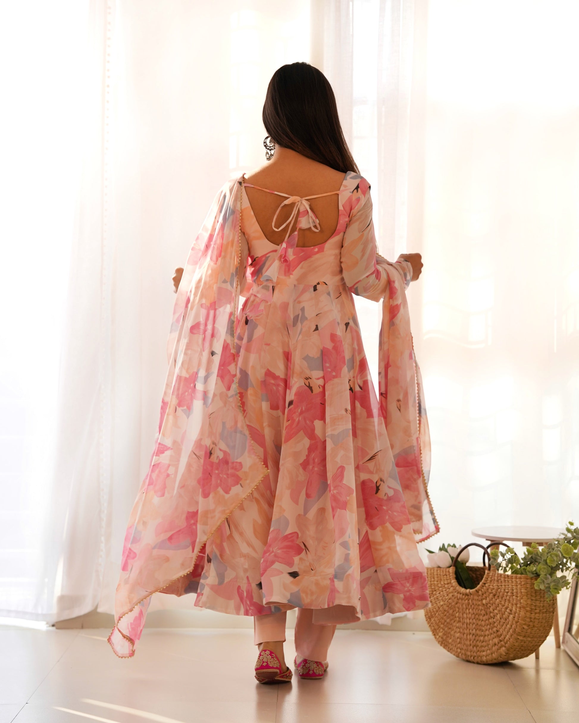 Lorenvalley Fashion Women Pure Soft Faux Georgette Floral Print Fully Flair Anarkali Kurta Pant With Dupatta Set - Peach | Swadesiicart
