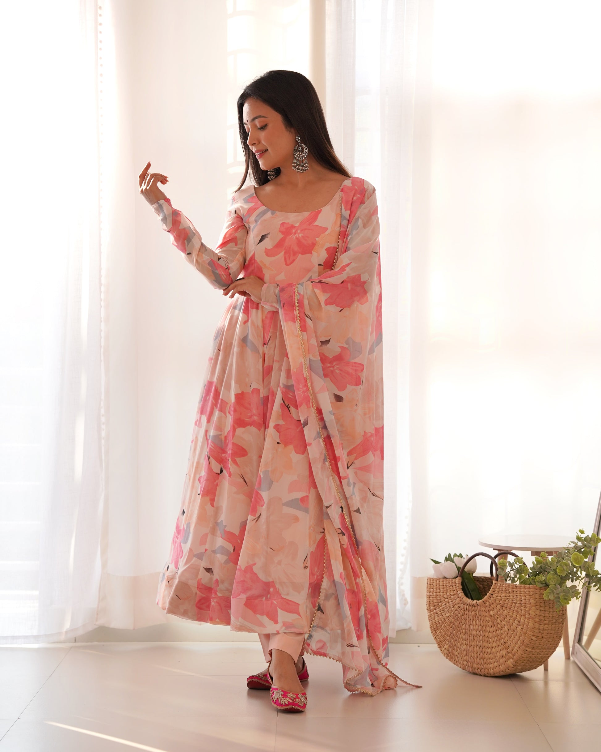 Lorenvalley Fashion Women Pure Soft Faux Georgette Floral Print Fully Flair Anarkali Kurta Pant With Dupatta Set - Peach | Swadesiicart