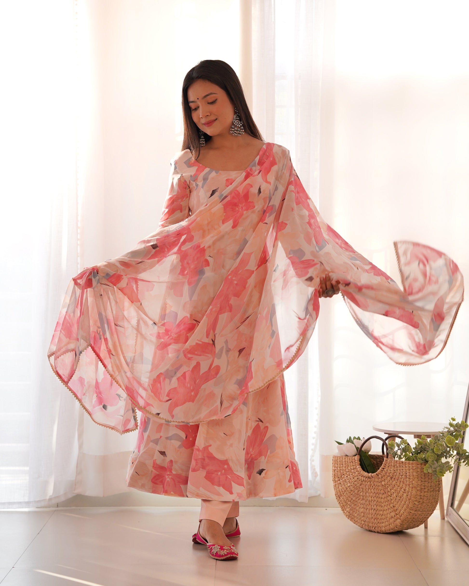 Lorenvalley Fashion Women Pure Soft Faux Georgette Floral Print Fully Flair Anarkali Kurta Pant With Dupatta Set - Peach | Swadesiicart