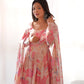 Lorenvalley Fashion Women Pure Soft Faux Georgette Floral Print Fully Flair Anarkali Kurta Pant With Dupatta Set - Peach | Swadesiicart