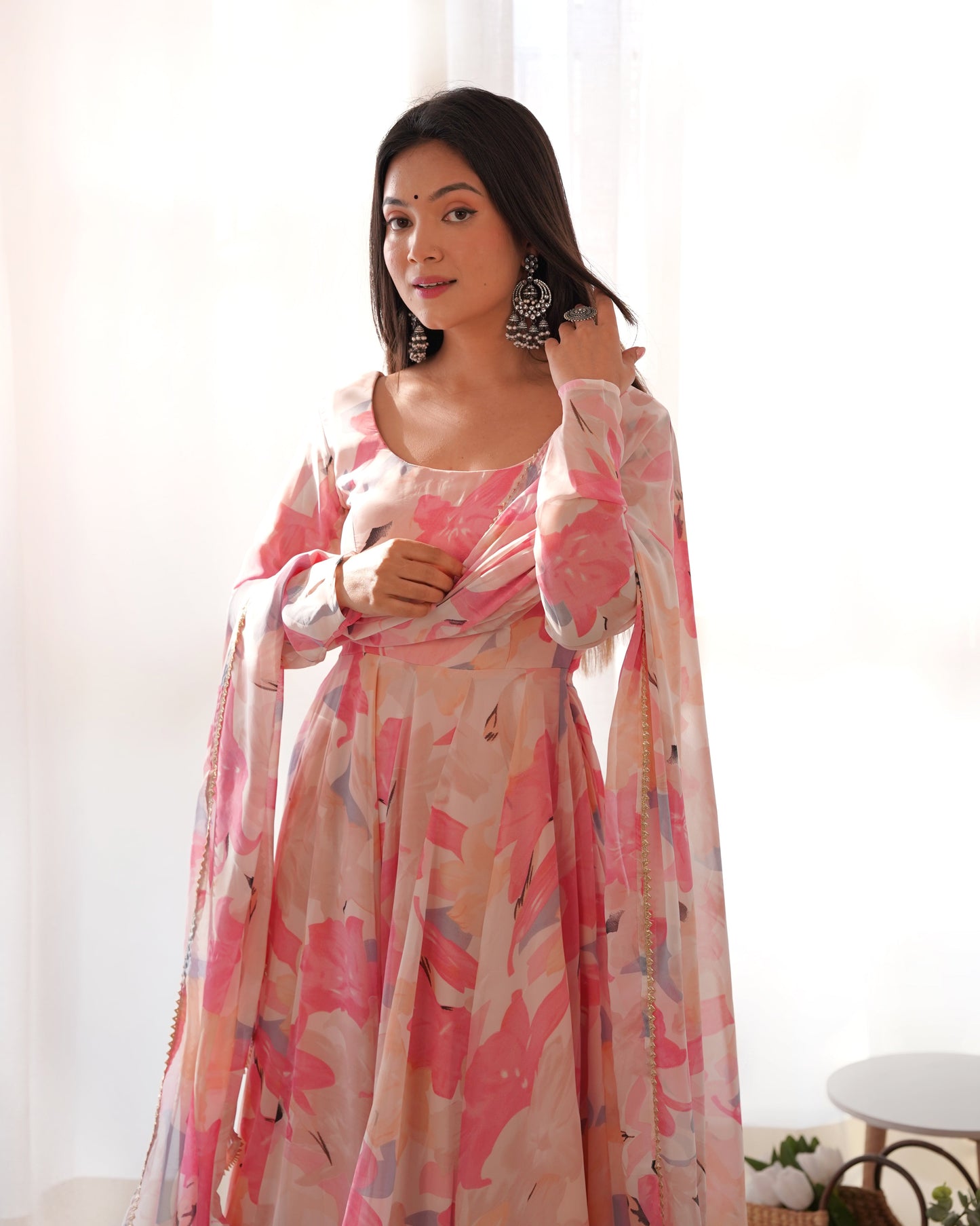 Lorenvalley Fashion Women Pure Soft Faux Georgette Floral Print Fully Flair Anarkali Kurta Pant With Dupatta Set - Peach | Swadesiicart