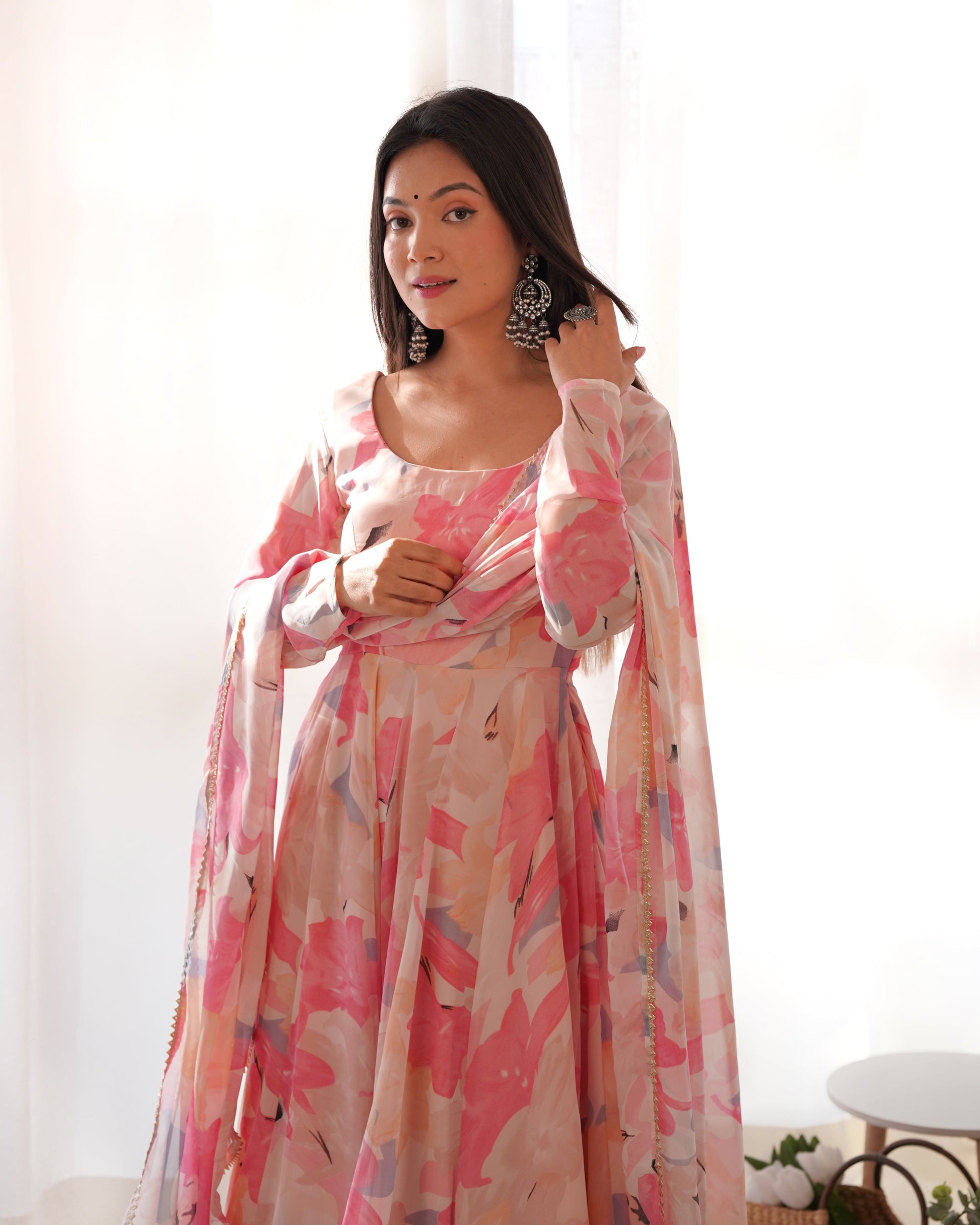 Lorenvalley Fashion Women Pure Soft Faux Georgette Floral Print Fully Flair Anarkali Kurta Pant With Dupatta Set - Peach | Swadesiicart