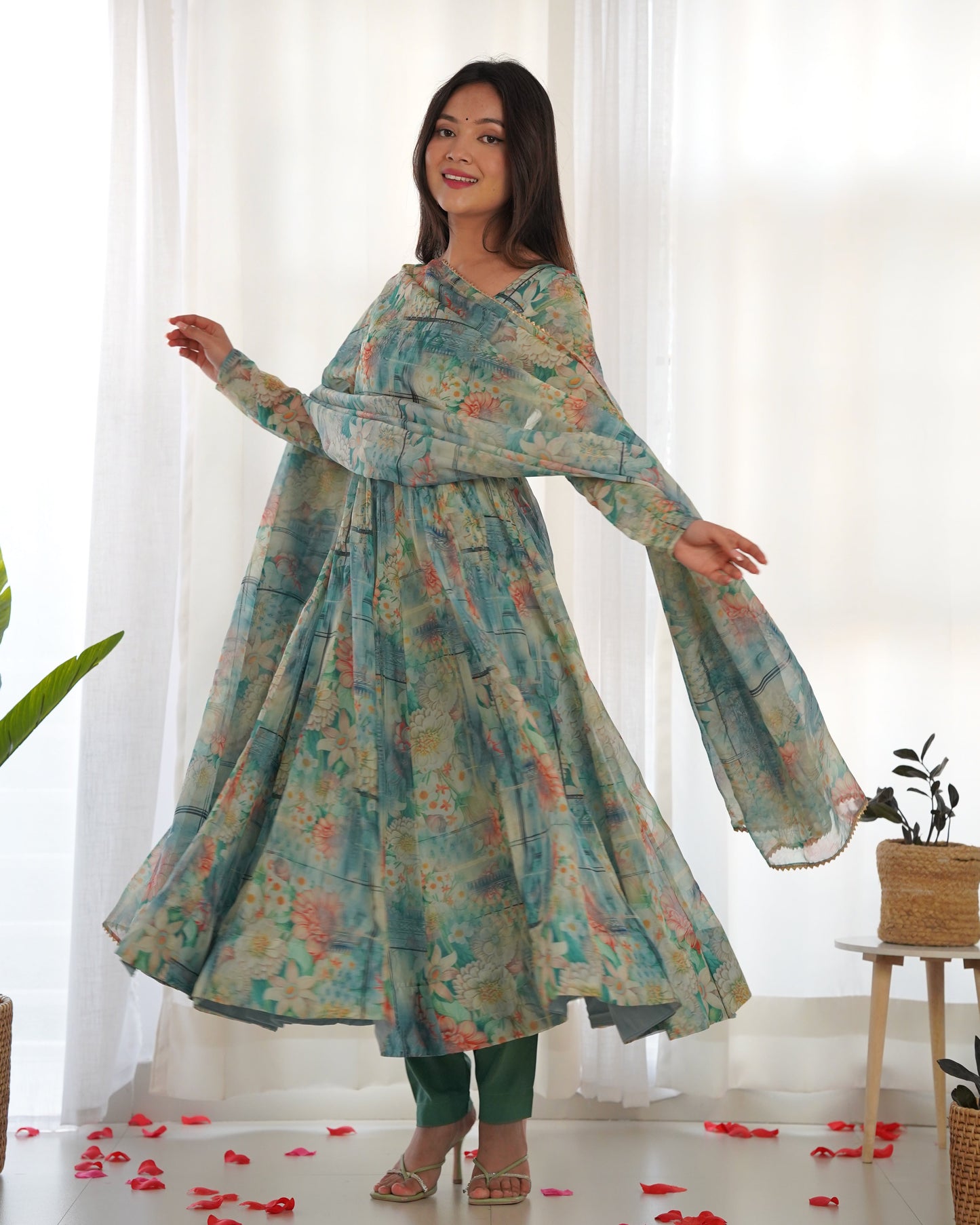 Lorenvalley Fashion Women Pure Organza Print Fully Flair Anarkali Kurta Pant With Dupatta Set - Multicolor | Swadesiicart