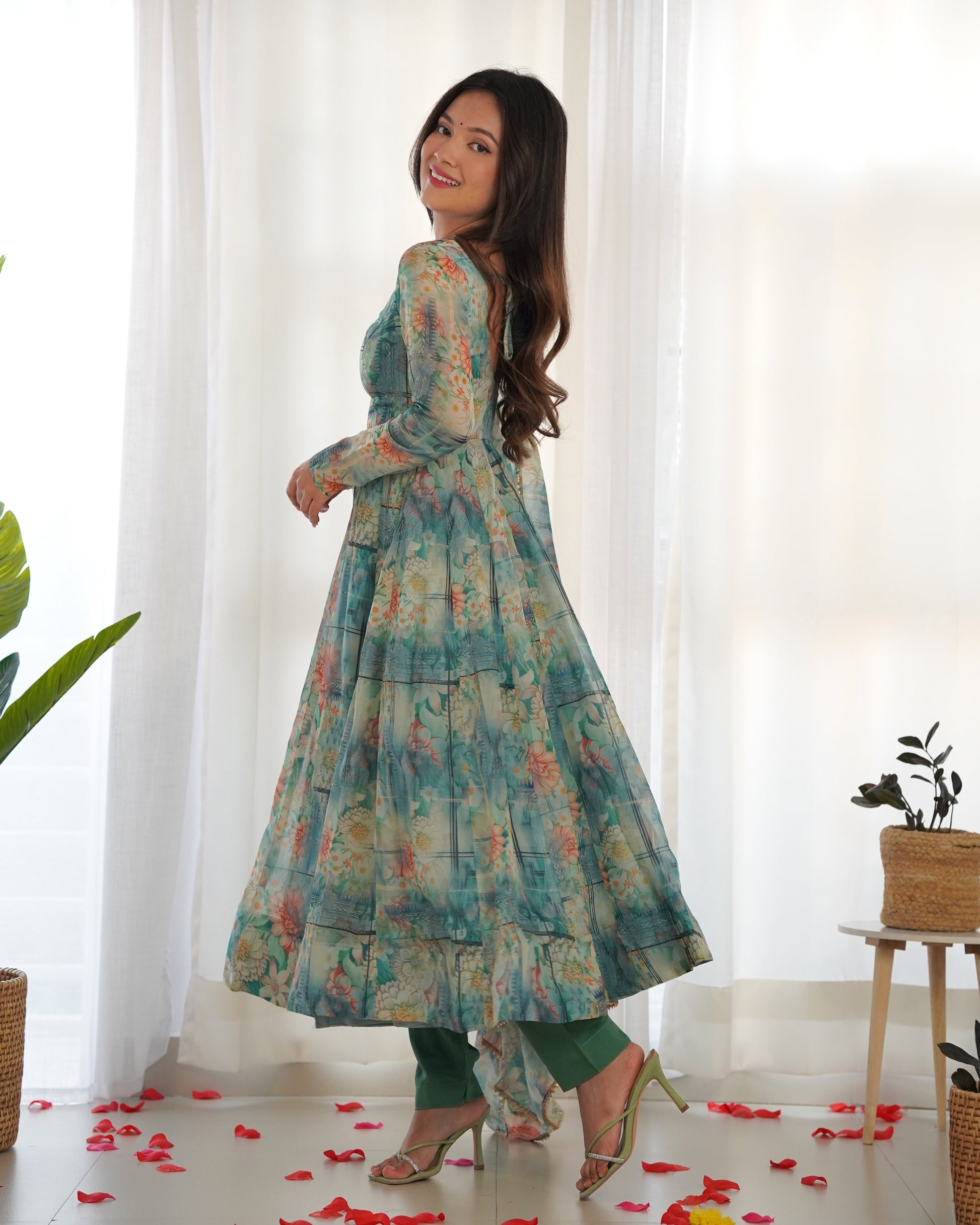 Lorenvalley Fashion Women Pure Organza Print Fully Flair Anarkali Kurta Pant With Dupatta Set - Multicolor | Swadesiicart