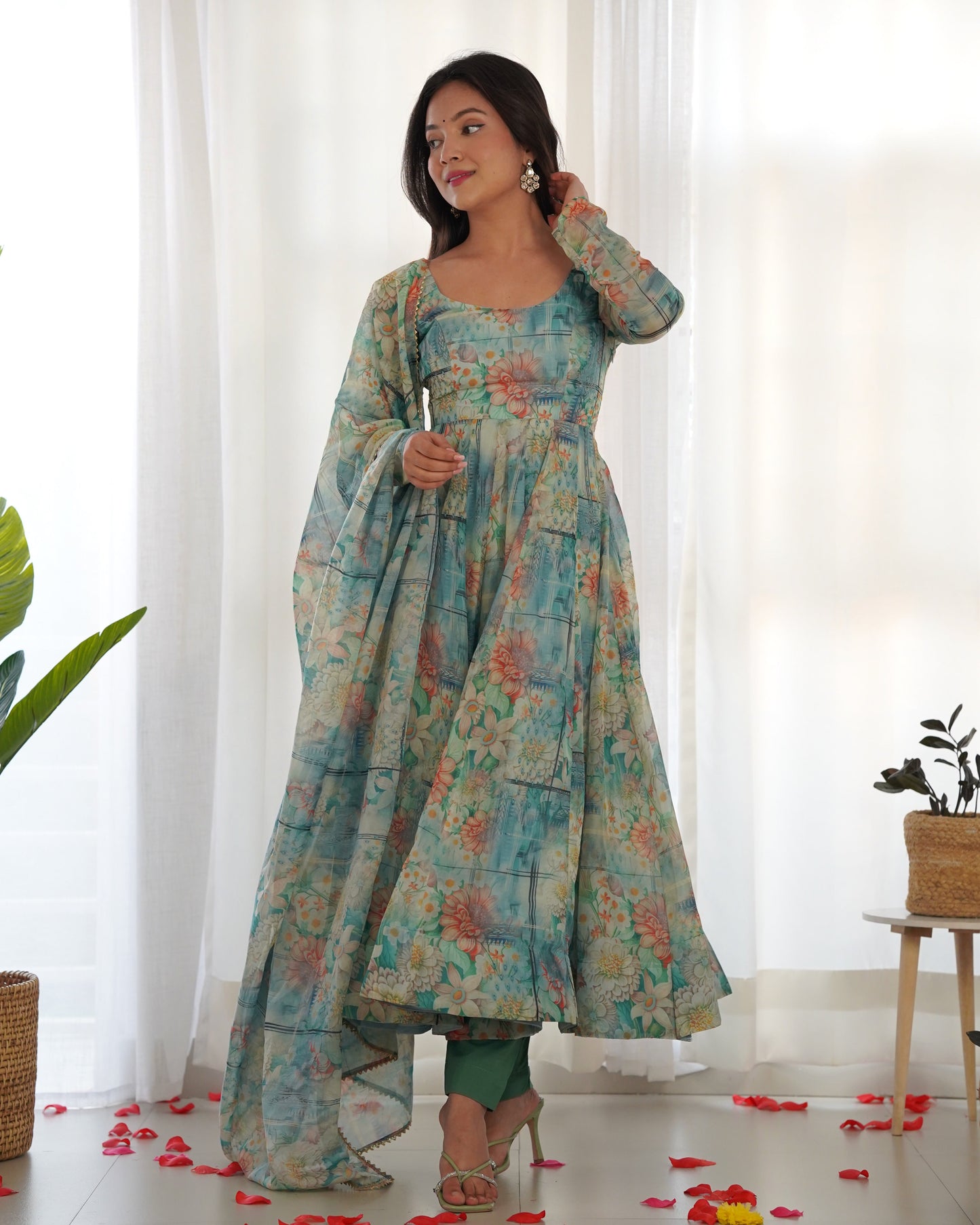 Lorenvalley Fashion Women Pure Organza Print Fully Flair Anarkali Kurta Pant With Dupatta Set - Multicolor | Swadesiicart
