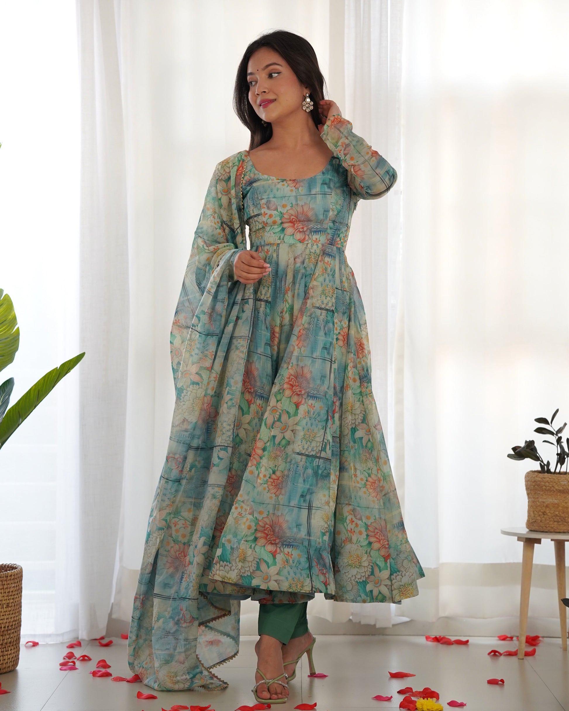 Lorenvalley Fashion Women Pure Organza Print Fully Flair Anarkali Kurta Pant With Dupatta Set - Multicolor | Swadesiicart
