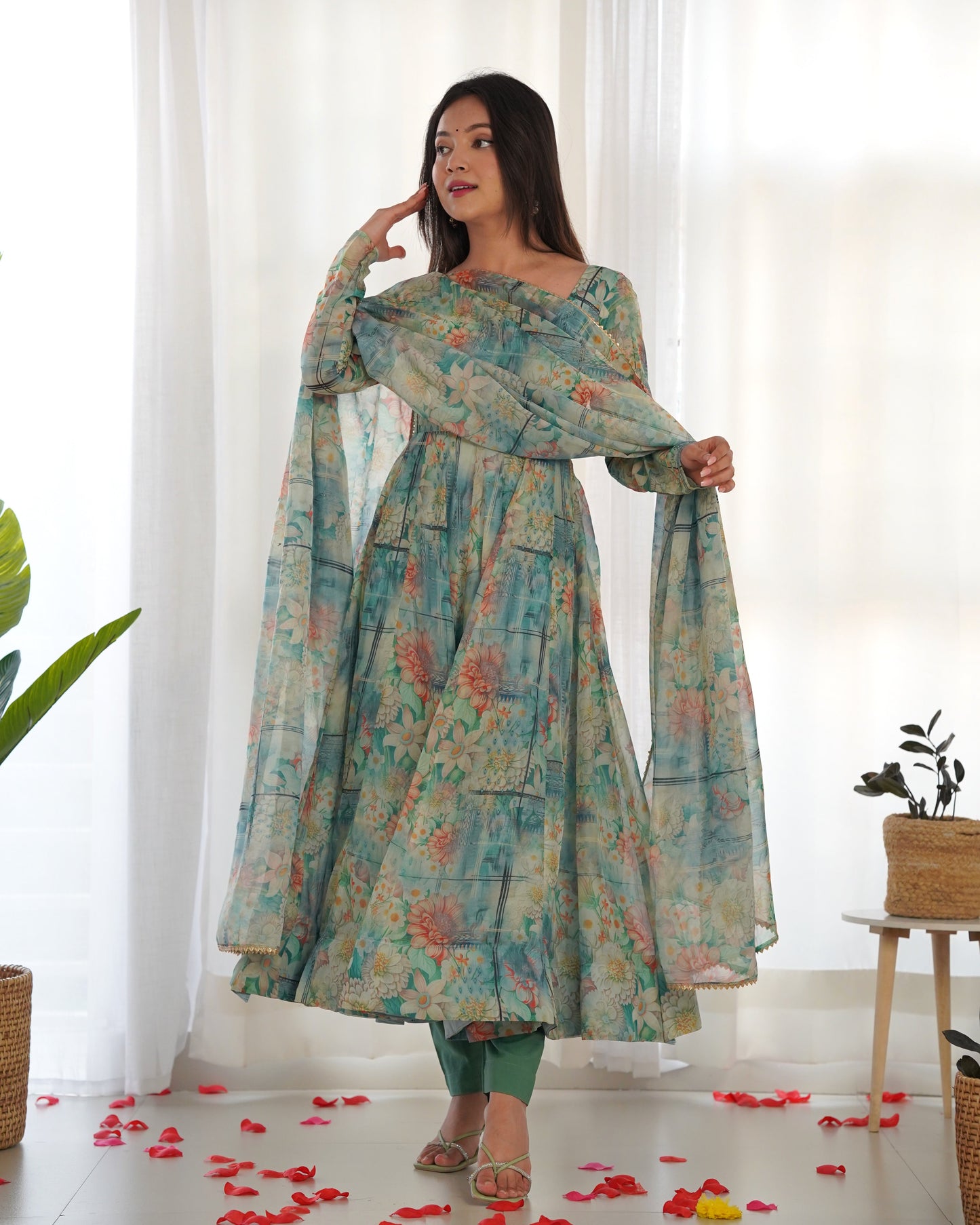 Lorenvalley Fashion Women Pure Organza Print Fully Flair Anarkali Kurta Pant With Dupatta Set - Multicolor | Swadesiicart