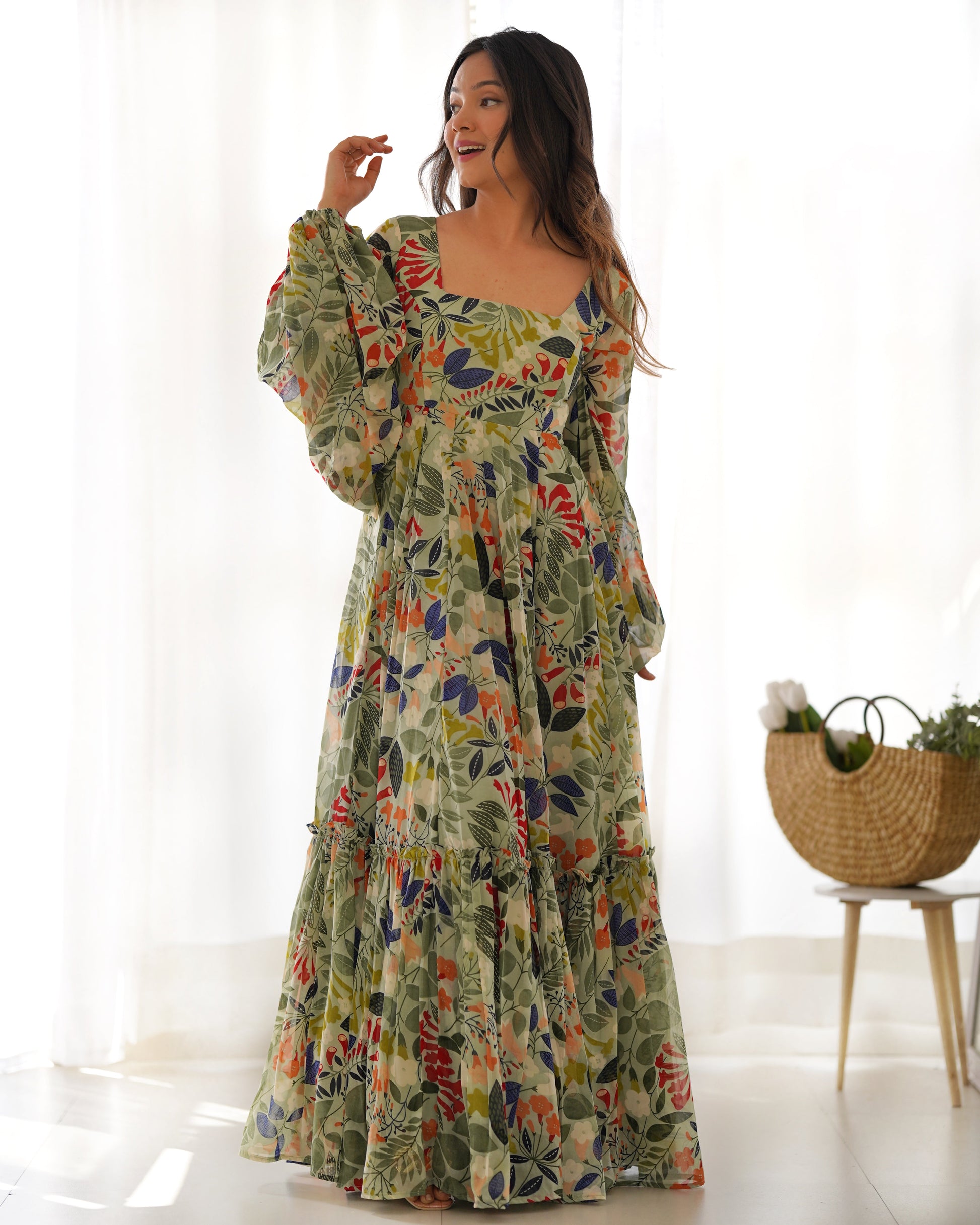 Lorenvalley Women Pure Soft Faux Georgette Floral Print Anarkali Gown - Seagreen - Swadesiicart