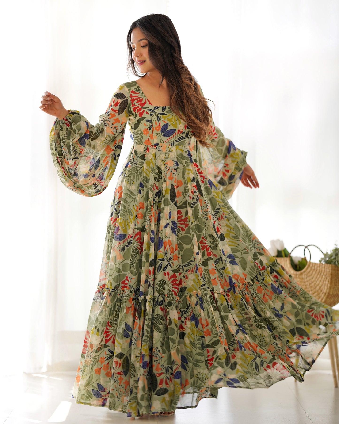 Lorenvalley Women Pure Soft Faux Georgette Floral Print Anarkali Gown - Seagreen - Swadesiicart