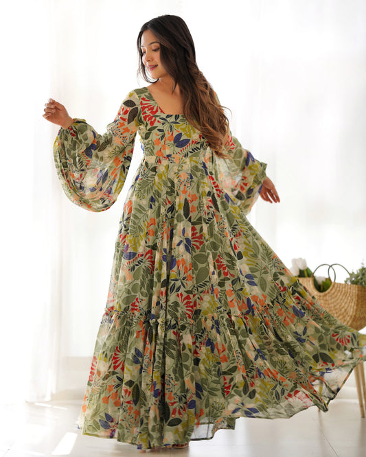Lorenvalley Women Pure Soft Faux Georgette Floral Print Anarkali Gown - Seagreen - Swadesiicart