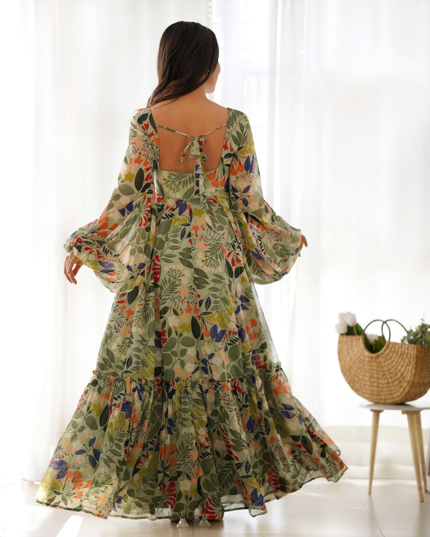 Lorenvalley Women Pure Soft Faux Georgette Floral Print Anarkali Gown - Seagreen - Swadesiicart