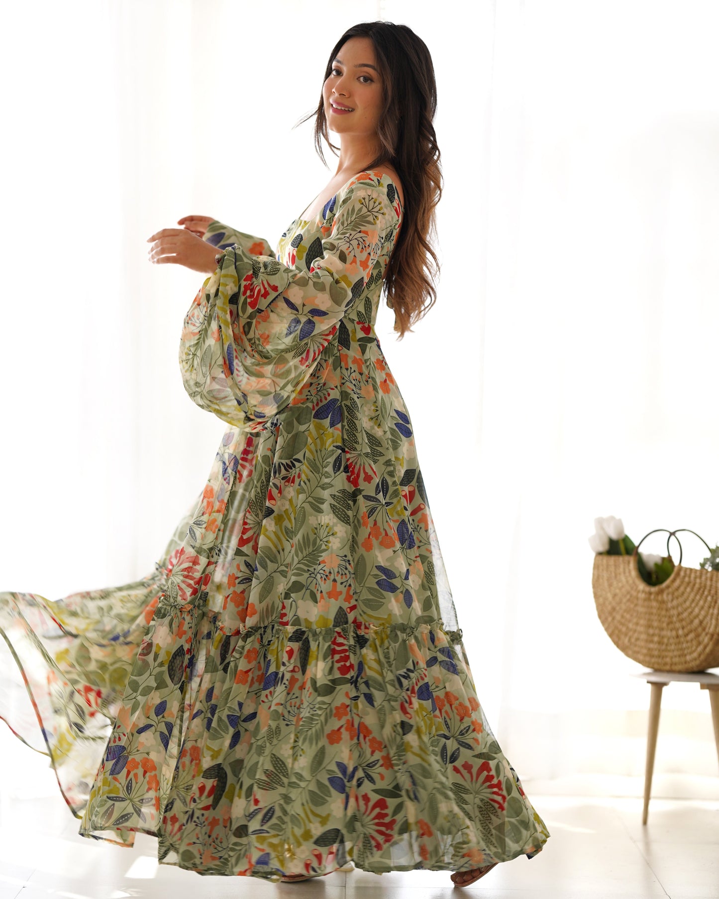 Lorenvalley Women Pure Soft Faux Georgette Floral Print Anarkali Gown - Seagreen - Swadesiicart