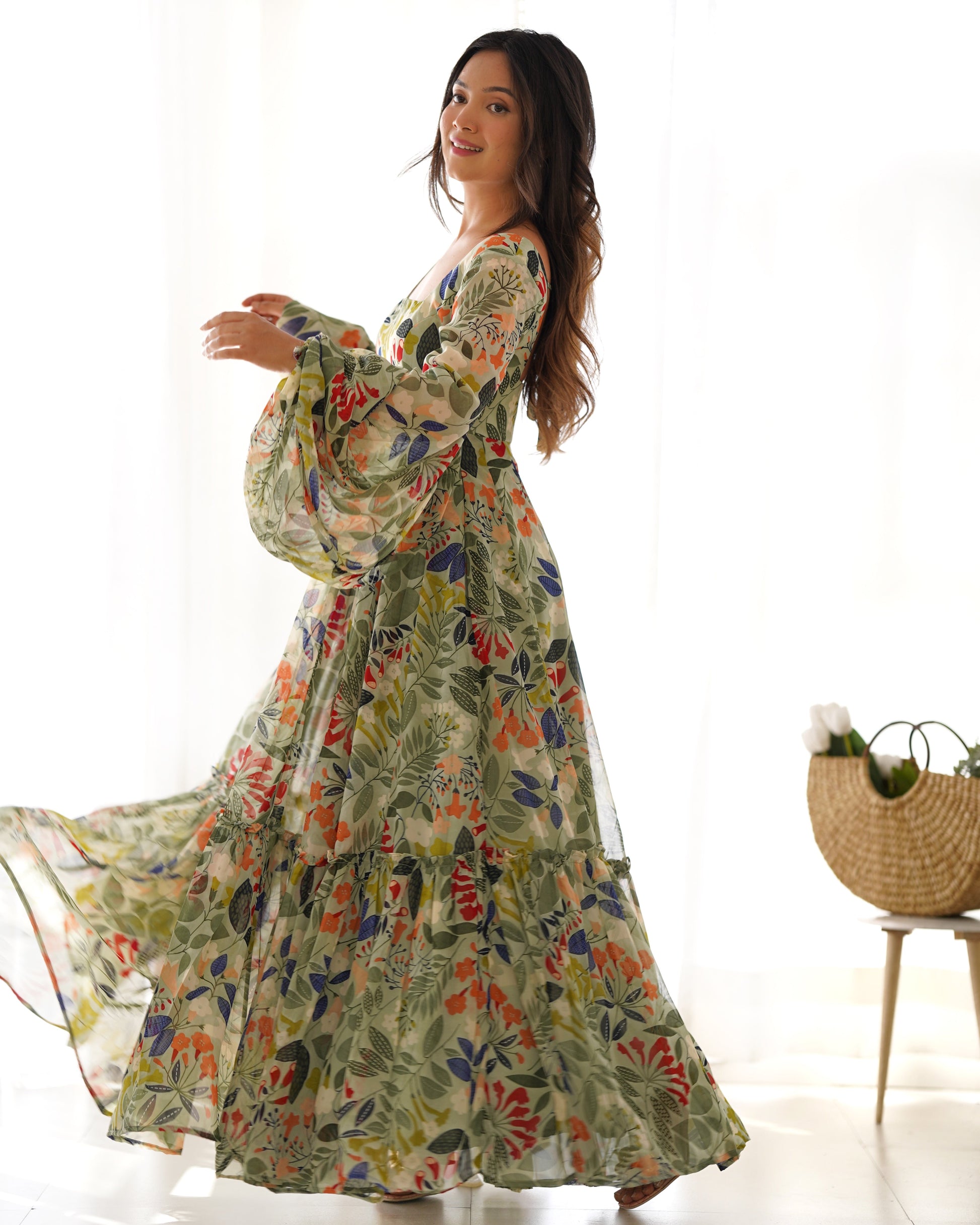 Lorenvalley Women Pure Soft Faux Georgette Floral Print Anarkali Gown - Seagreen - Swadesiicart