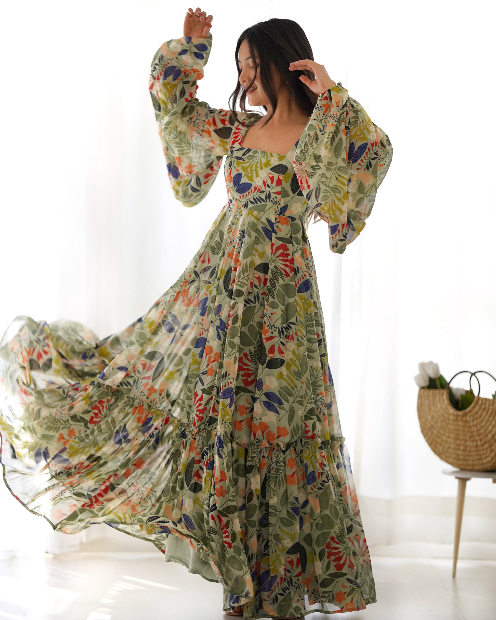 Lorenvalley Women Pure Soft Faux Georgette Floral Print Anarkali Gown - Seagreen - Swadesiicart