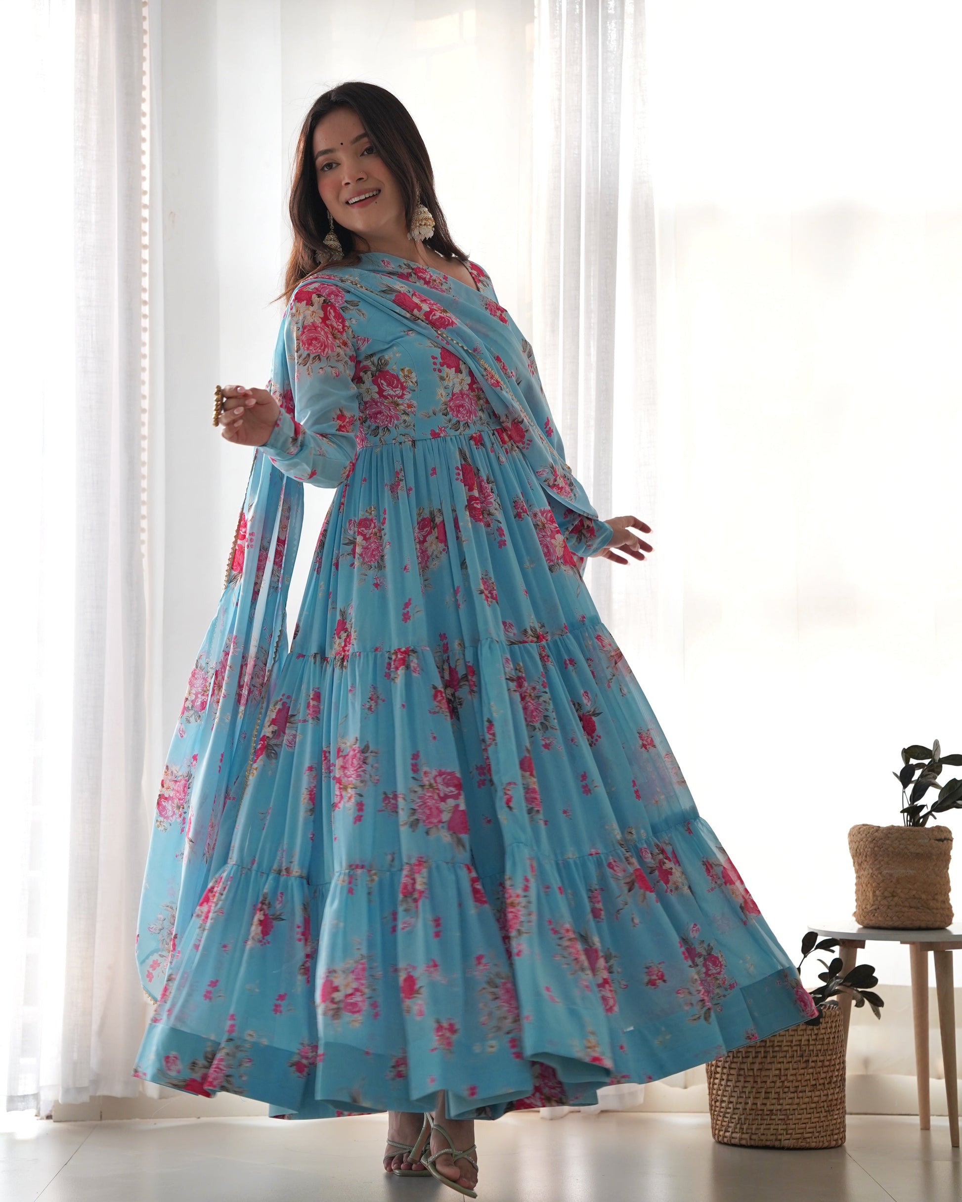 Lorenvalley Fashion Women Pure Soft Faux Georgette Floral Print Fully Flair Anarkali Kurta Pant With Dupatta Set - Skyblue | Swadesiicart