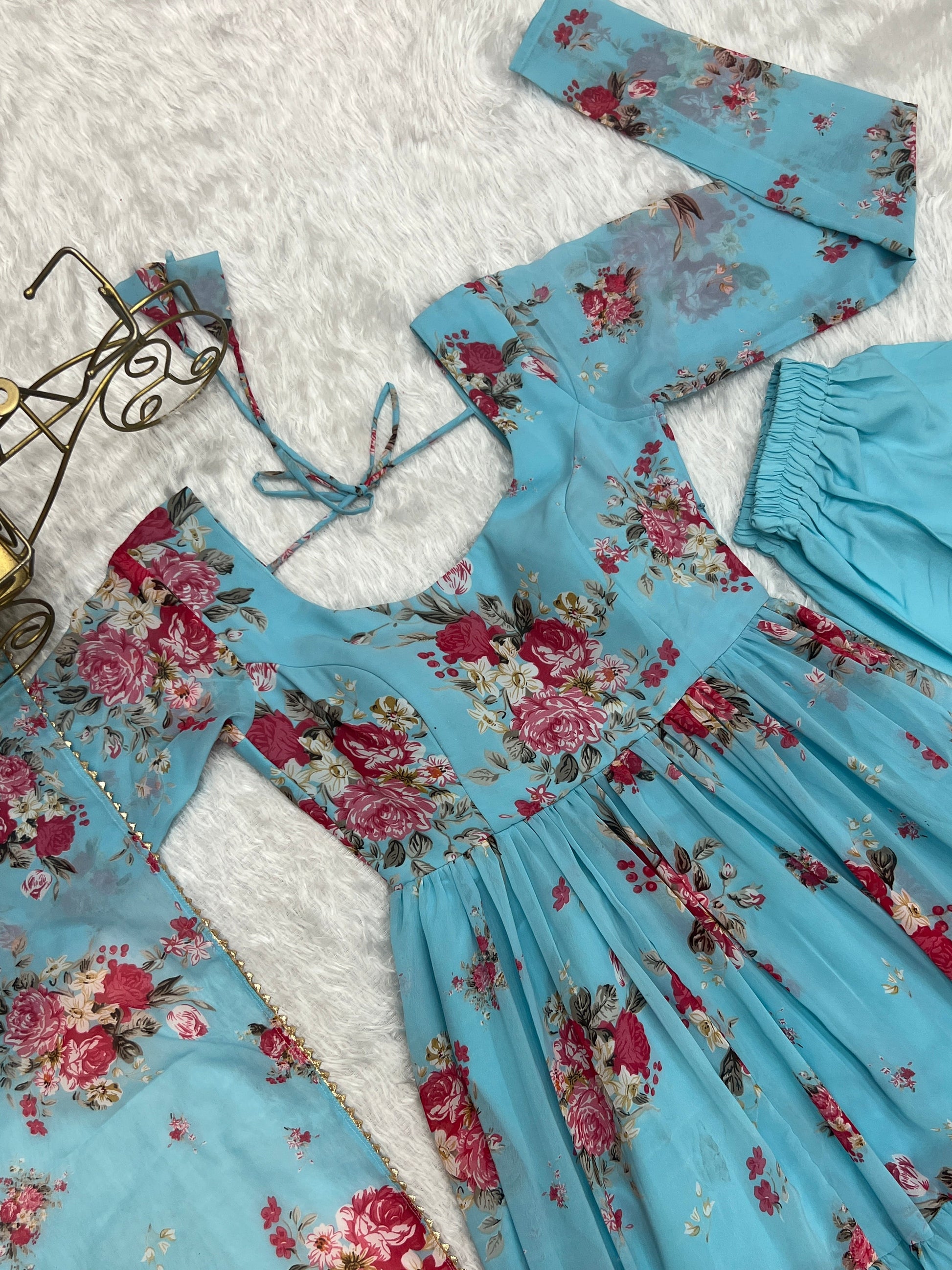 Lorenvalley Fashion Women Pure Soft Faux Georgette Floral Print Fully Flair Anarkali Kurta Pant With Dupatta Set - Skyblue | Swadesiicart