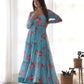Lorenvalley Fashion Women Pure Soft Faux Georgette Floral Print Fully Flair Anarkali Kurta Pant With Dupatta Set - Skyblue | Swadesiicart