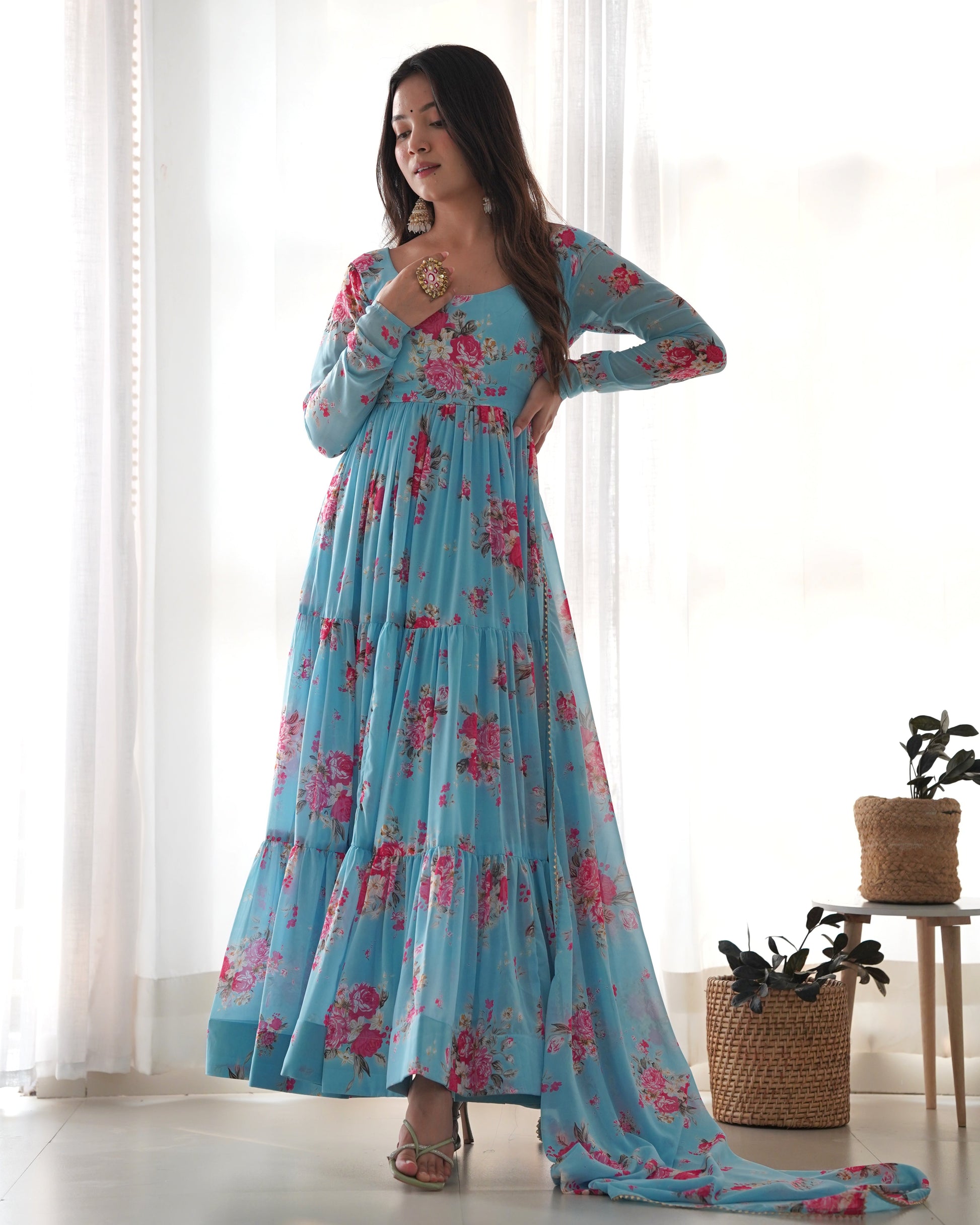 Lorenvalley Fashion Women Pure Soft Faux Georgette Floral Print Fully Flair Anarkali Kurta Pant With Dupatta Set - Skyblue | Swadesiicart