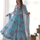 Lorenvalley Fashion Women Pure Soft Faux Georgette Floral Print Fully Flair Anarkali Kurta Pant With Dupatta Set - Skyblue | Swadesiicart