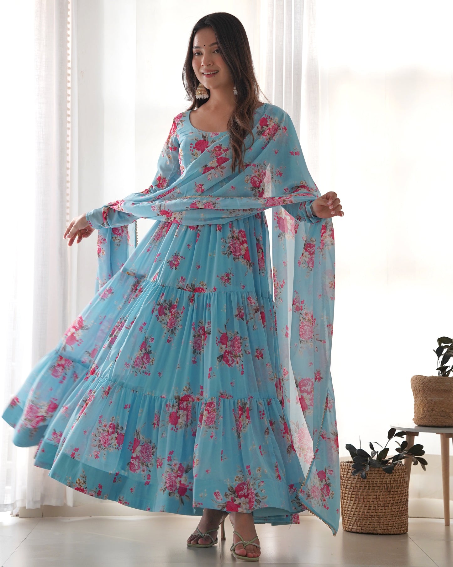 Lorenvalley Fashion Women Pure Soft Faux Georgette Floral Print Fully Flair Anarkali Kurta Pant With Dupatta Set - Skyblue | Swadesiicart