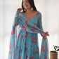 Lorenvalley Fashion Women Pure Soft Faux Georgette Floral Print Fully Flair Anarkali Kurta Pant With Dupatta Set - Skyblue | Swadesiicart