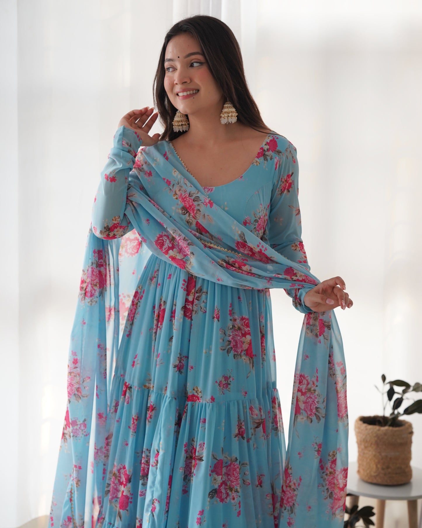 Lorenvalley Fashion Women Pure Soft Faux Georgette Floral Print Fully Flair Anarkali Kurta Pant With Dupatta Set - Skyblue | Swadesiicart