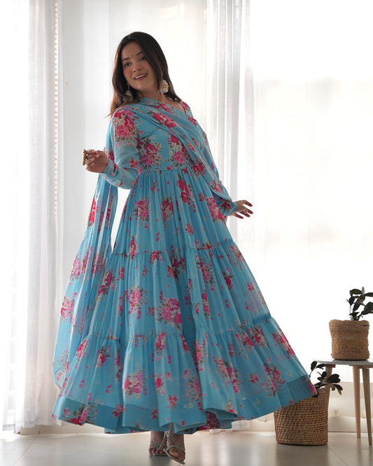 Lorenvalley Fashion Women Pure Soft Faux Georgette Floral Print Fully Flair Anarkali Kurta Pant With Dupatta Set - Skyblue | Swadesiicart