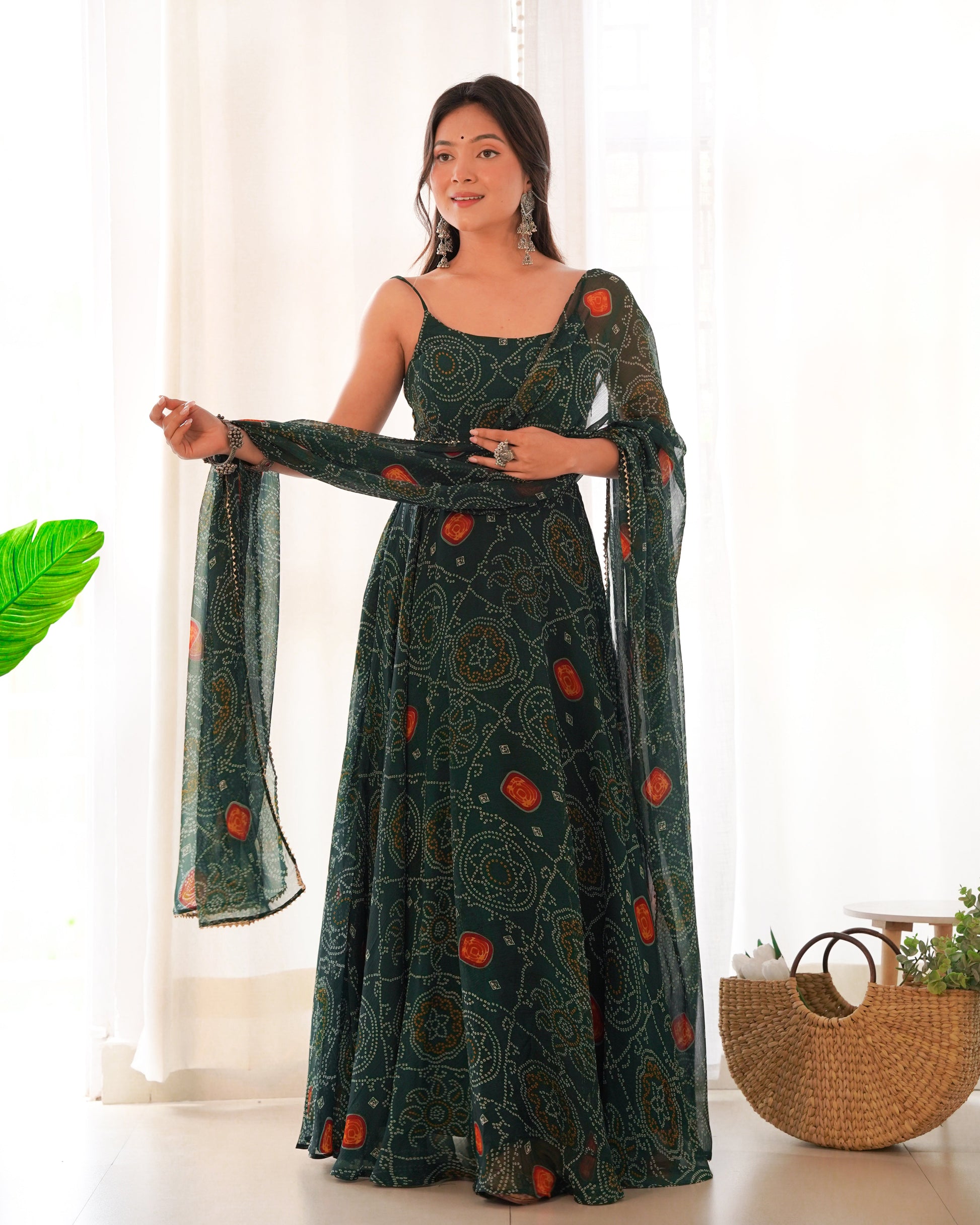 Lorenvalley Women Soft Chiffon Bandhej Fabric Print Fully Flair Anarkali With Pant Dupatta Set - Green | Swadesiicart