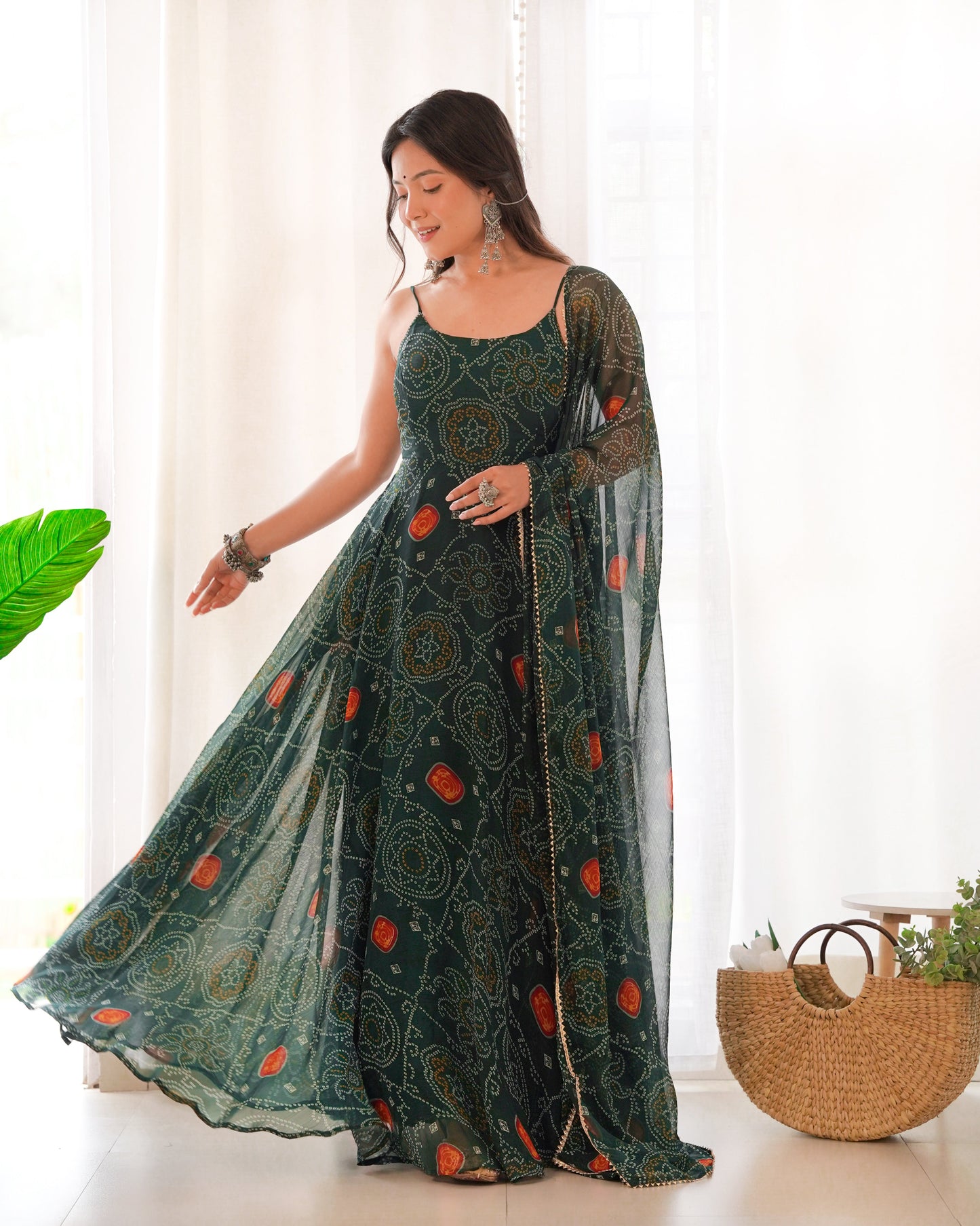 Lorenvalley Women Soft Chiffon Bandhej Fabric Print Fully Flair Anarkali With Pant Dupatta Set - Green | Swadesiicart