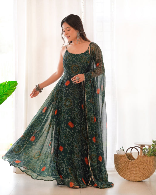 Lorenvalley Women Soft Chiffon Bandhej Fabric Print Fully Flair Anarkali With Pant Dupatta Set - Green | Swadesiicart
