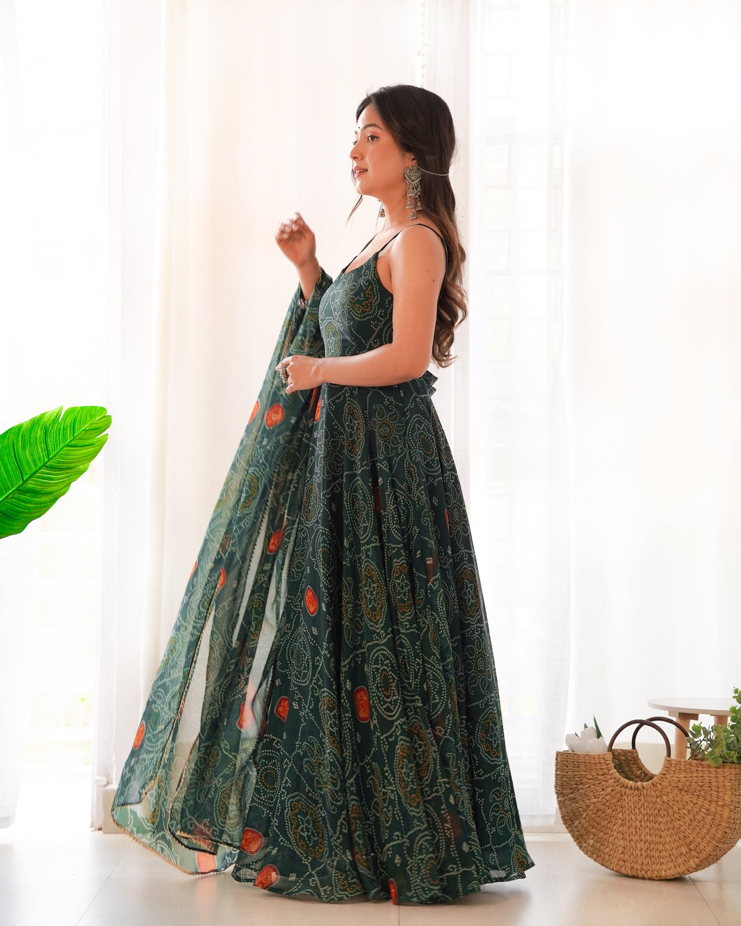 Lorenvalley Women Soft Chiffon Bandhej Fabric Print Fully Flair Anarkali With Pant Dupatta Set - Green | Swadesiicart