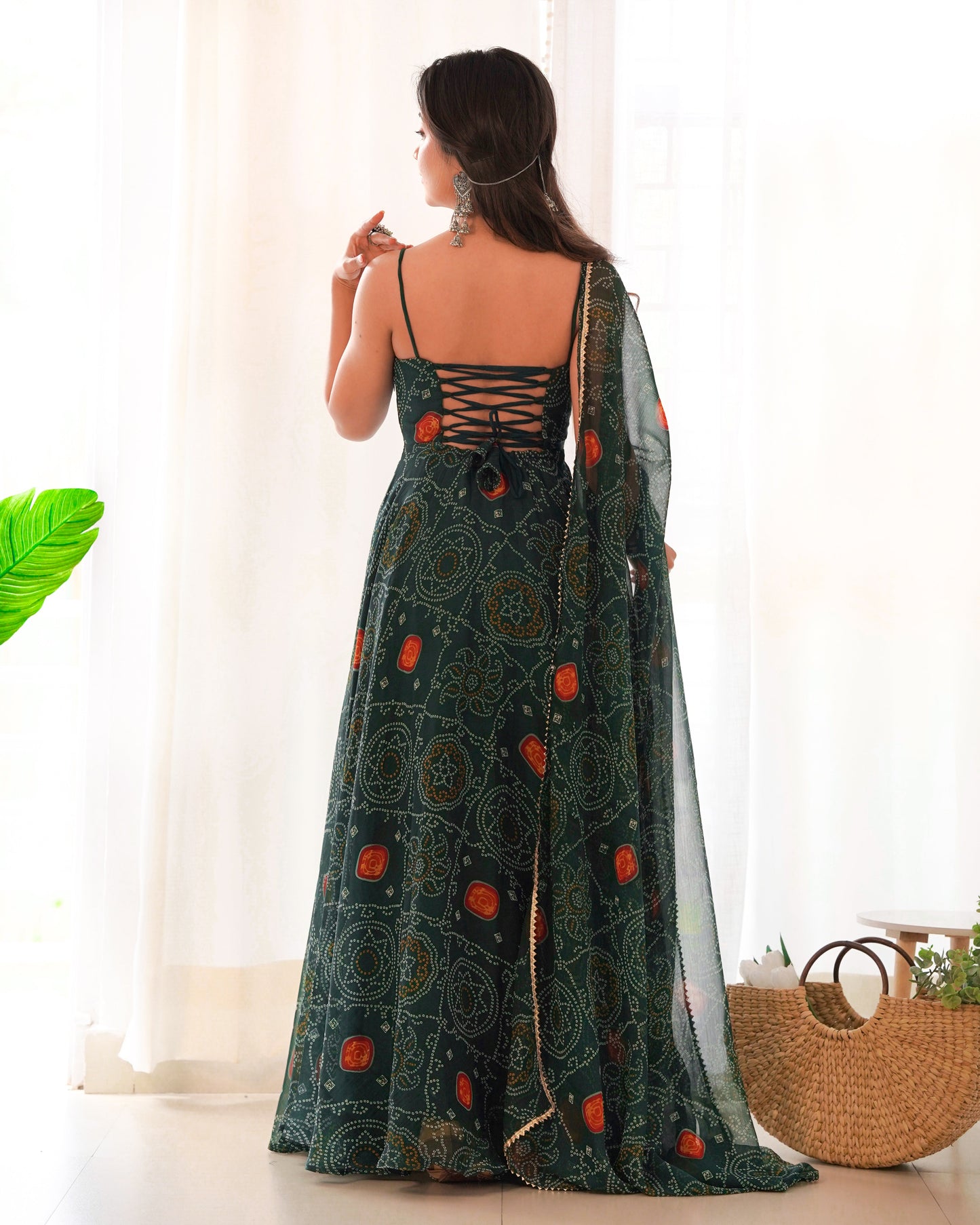 Lorenvalley Women Soft Chiffon Bandhej Fabric Print Fully Flair Anarkali With Pant Dupatta Set - Green | Swadesiicart