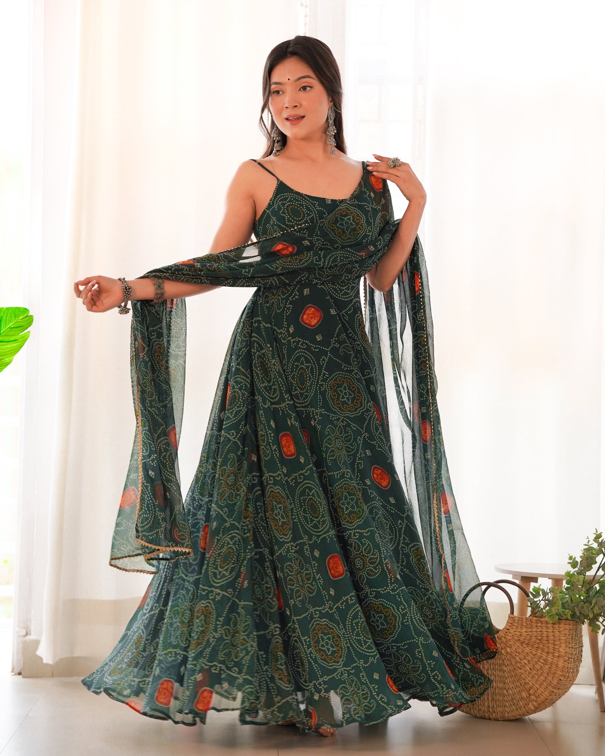 Lorenvalley Women Soft Chiffon Bandhej Fabric Print Fully Flair Anarkali With Pant Dupatta Set - Green | Swadesiicart