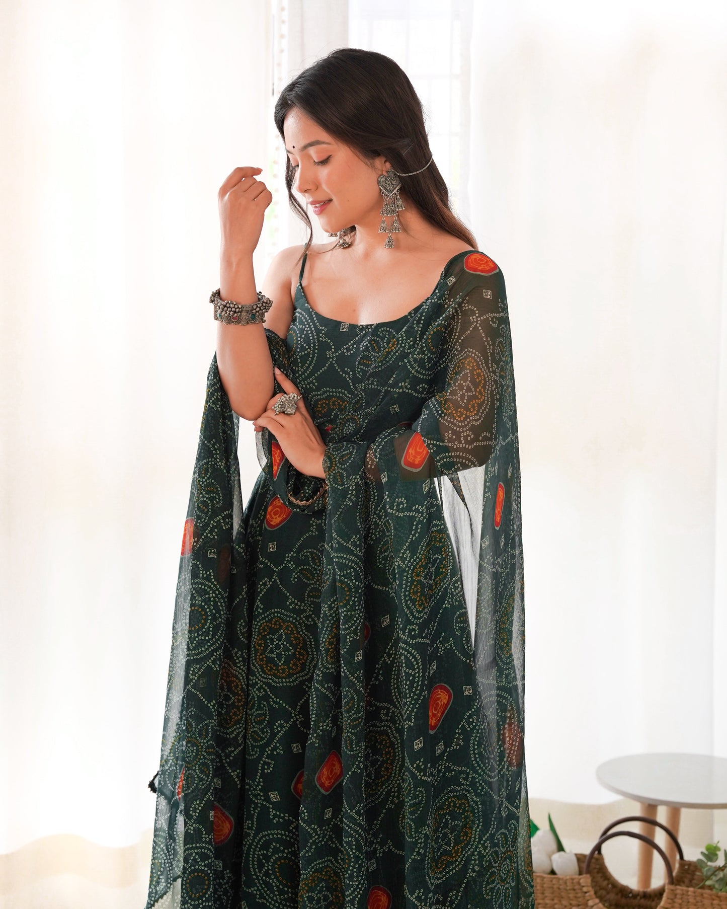 Lorenvalley Women Soft Chiffon Bandhej Fabric Print Fully Flair Anarkali With Pant Dupatta Set - Green | Swadesiicart