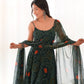 Lorenvalley Women Soft Chiffon Bandhej Fabric Print Fully Flair Anarkali With Pant Dupatta Set - Green | Swadesiicart