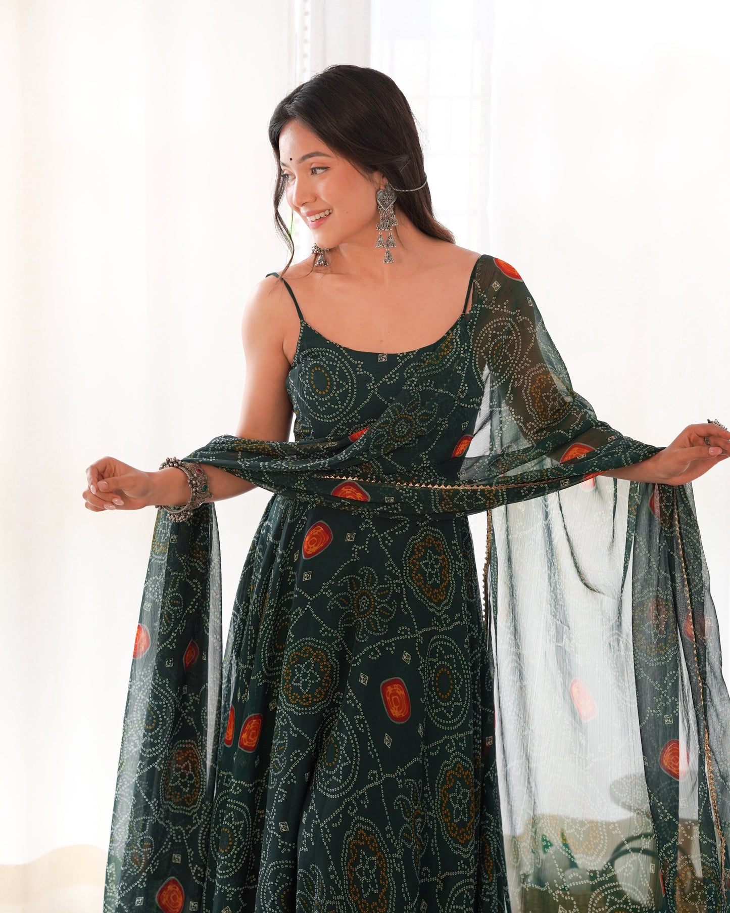 Lorenvalley Women Soft Chiffon Bandhej Fabric Print Fully Flair Anarkali With Pant Dupatta Set - Green | Swadesiicart