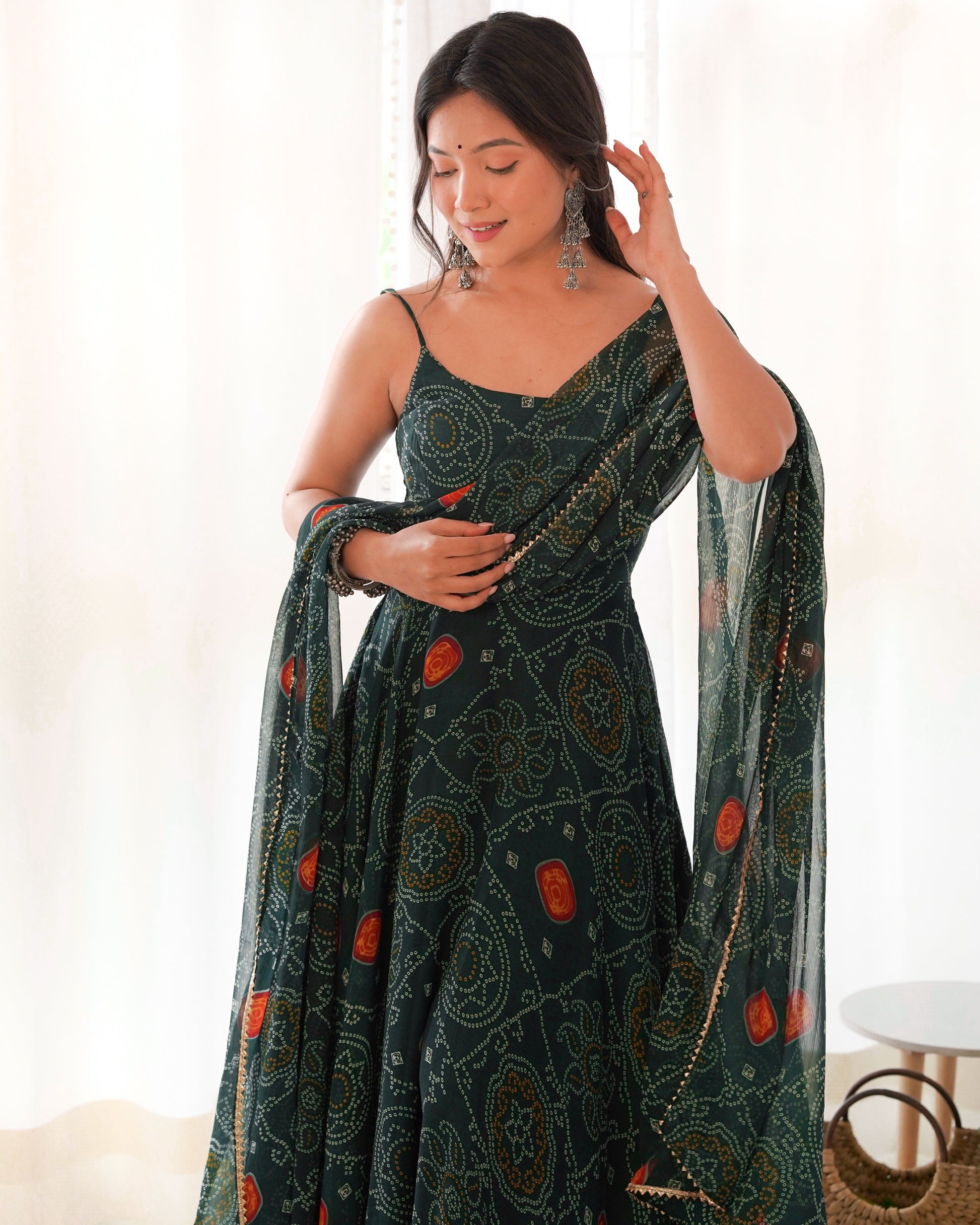 Lorenvalley Women Soft Chiffon Bandhej Fabric Print Fully Flair Anarkali With Pant Dupatta Set - Green | Swadesiicart