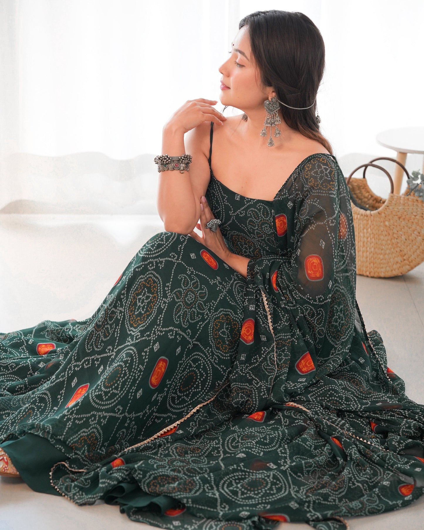 Lorenvalley Women Soft Chiffon Bandhej Fabric Print Fully Flair Anarkali With Pant Dupatta Set - Green | Swadesiicart