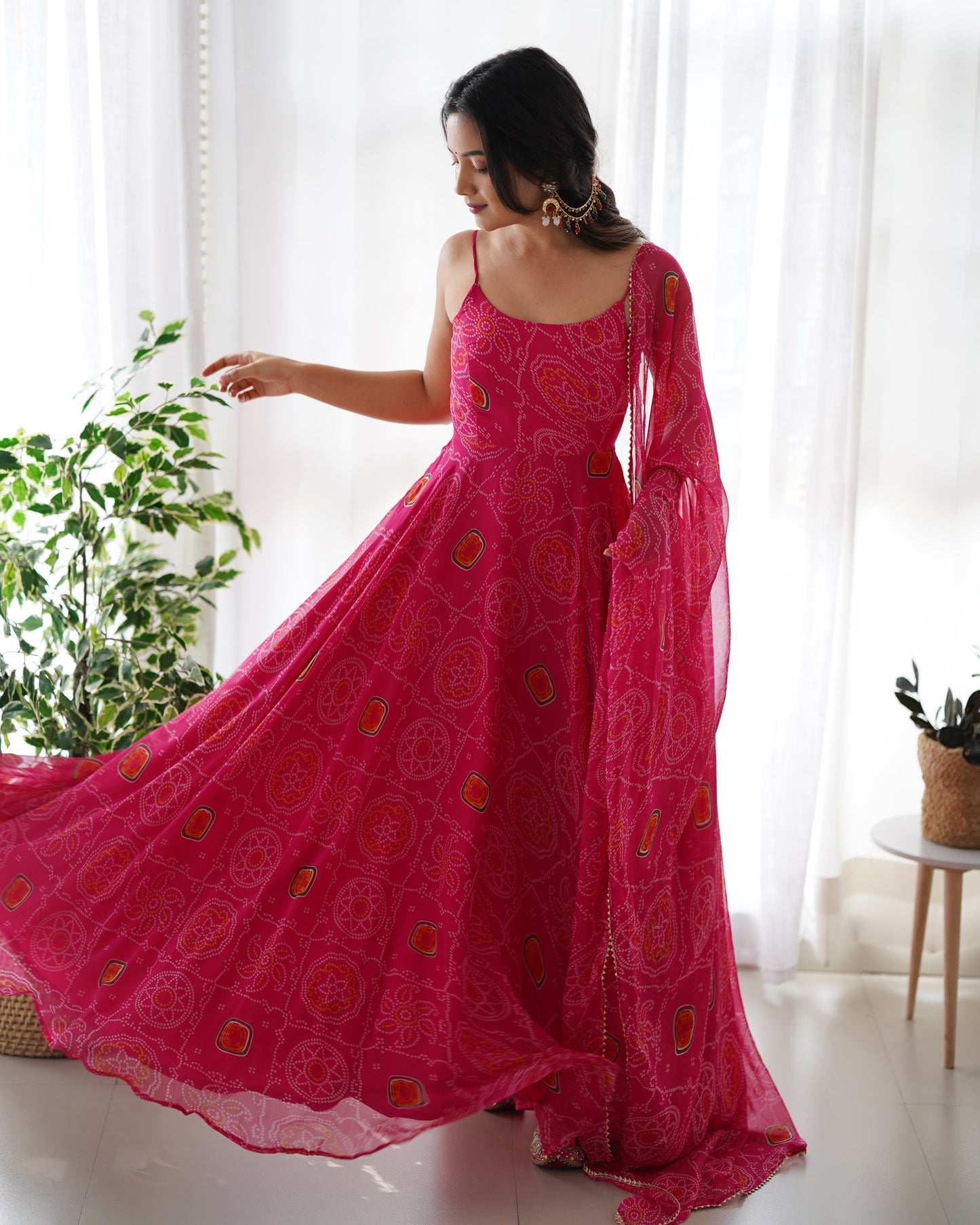 Lorenvalley Women Soft Chiffon Bandhej Fabric Print Fully Flair Anarkali With Pant Dupatta Set - Magenta | Swadesiicart