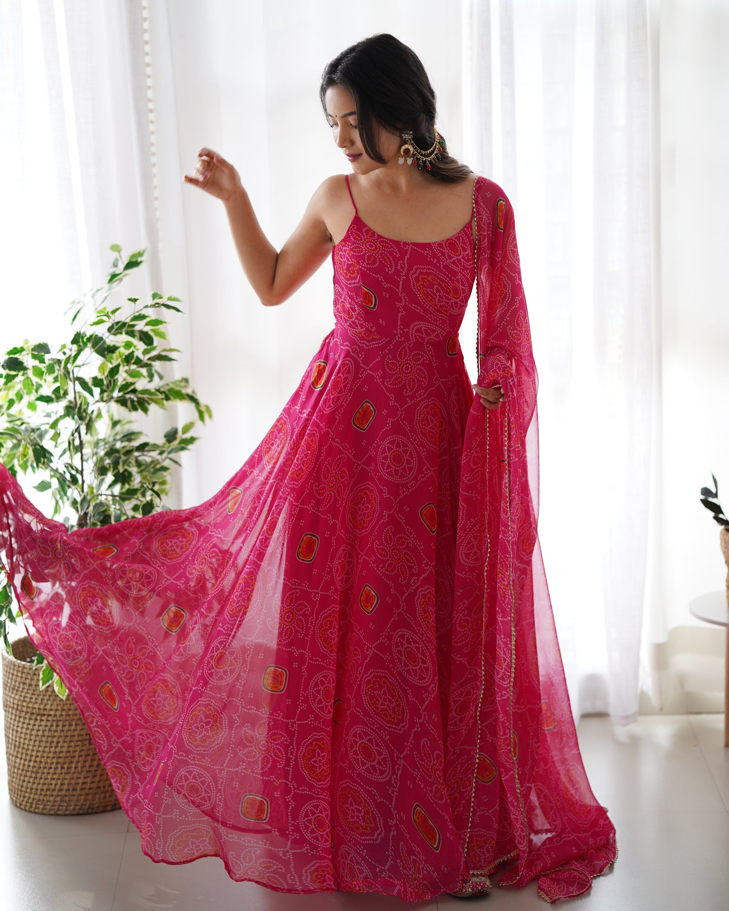 Lorenvalley Women Soft Chiffon Bandhej Fabric Print Fully Flair Anarkali With Pant Dupatta Set - Magenta | Swadesiicart