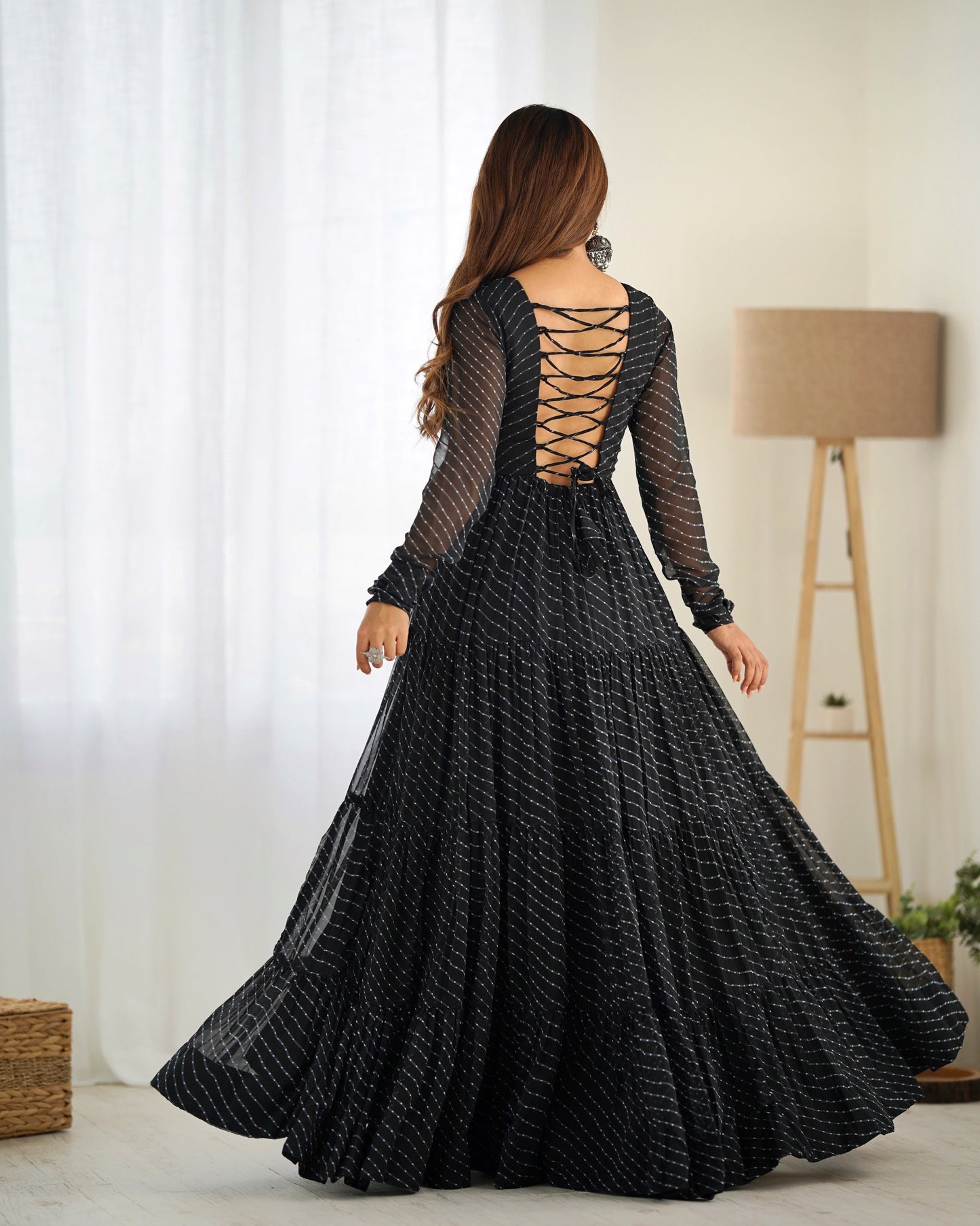 Lorenvalley Women Pure Soft Faux Georgette Leheriya Print Anarkali Gown - Black | Swadesiicart