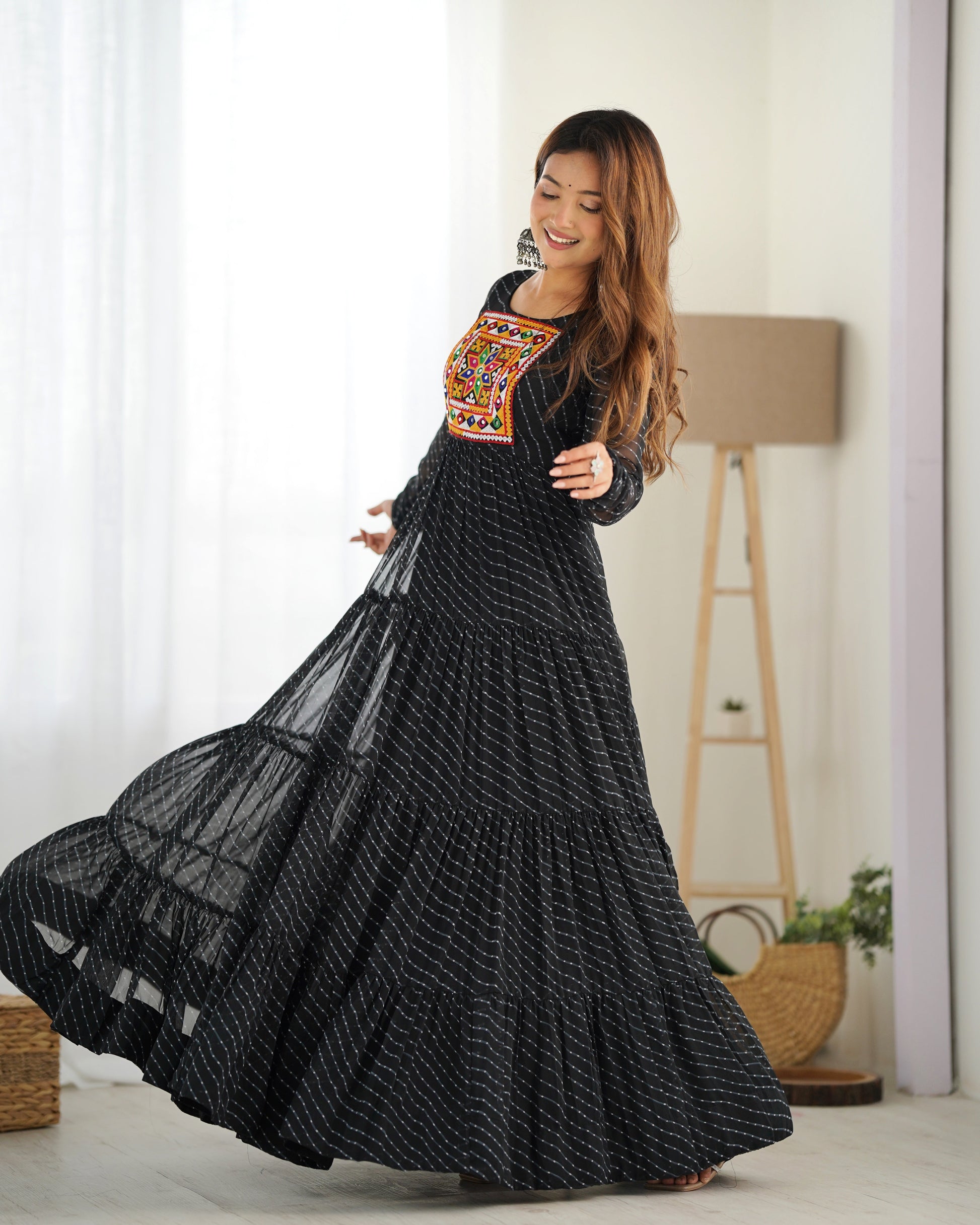Lorenvalley Women Pure Soft Faux Georgette Leheriya Print Anarkali Gown - Black | Swadesiicart