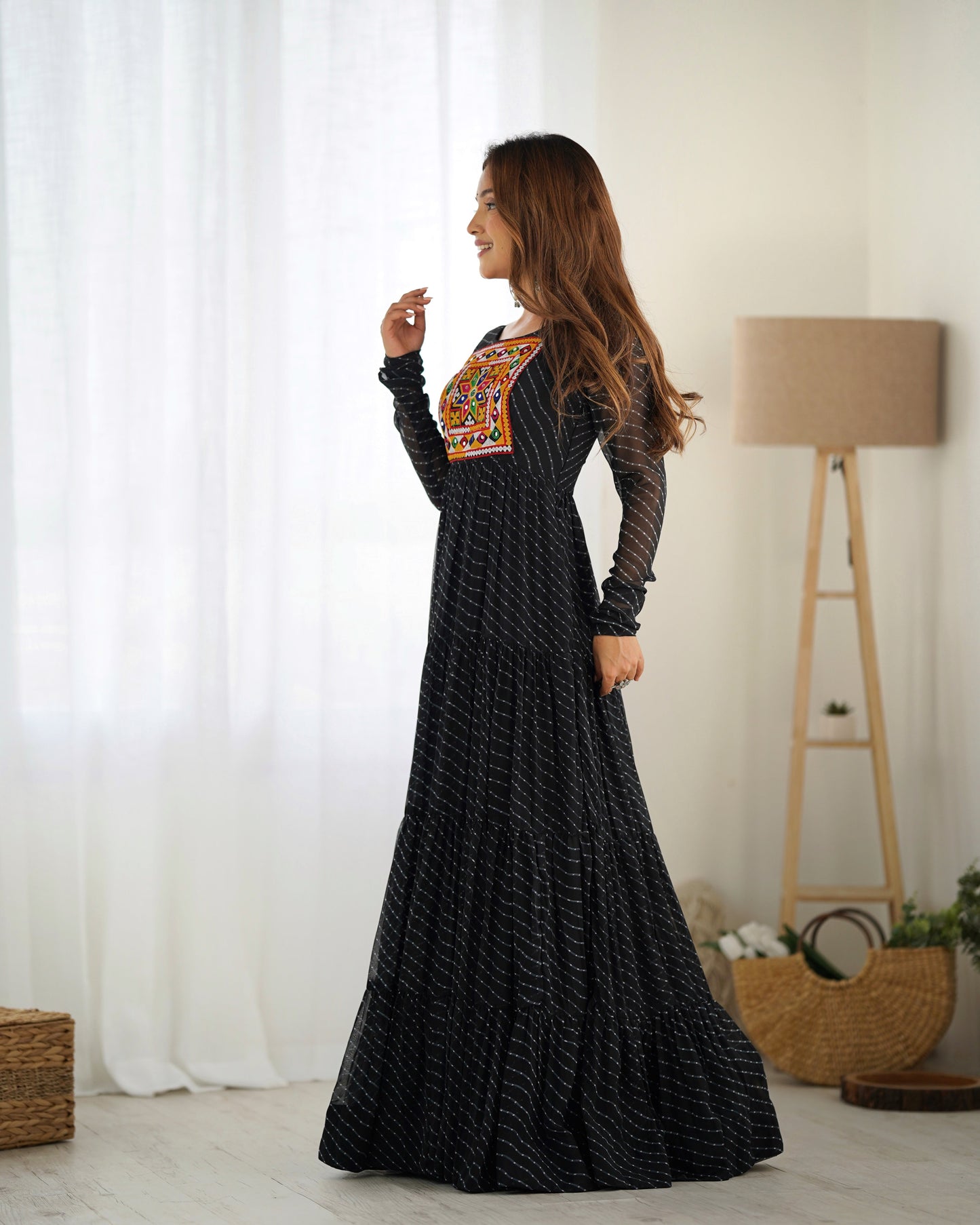 Lorenvalley Women Pure Soft Faux Georgette Leheriya Print Anarkali Gown - Black | Swadesiicart