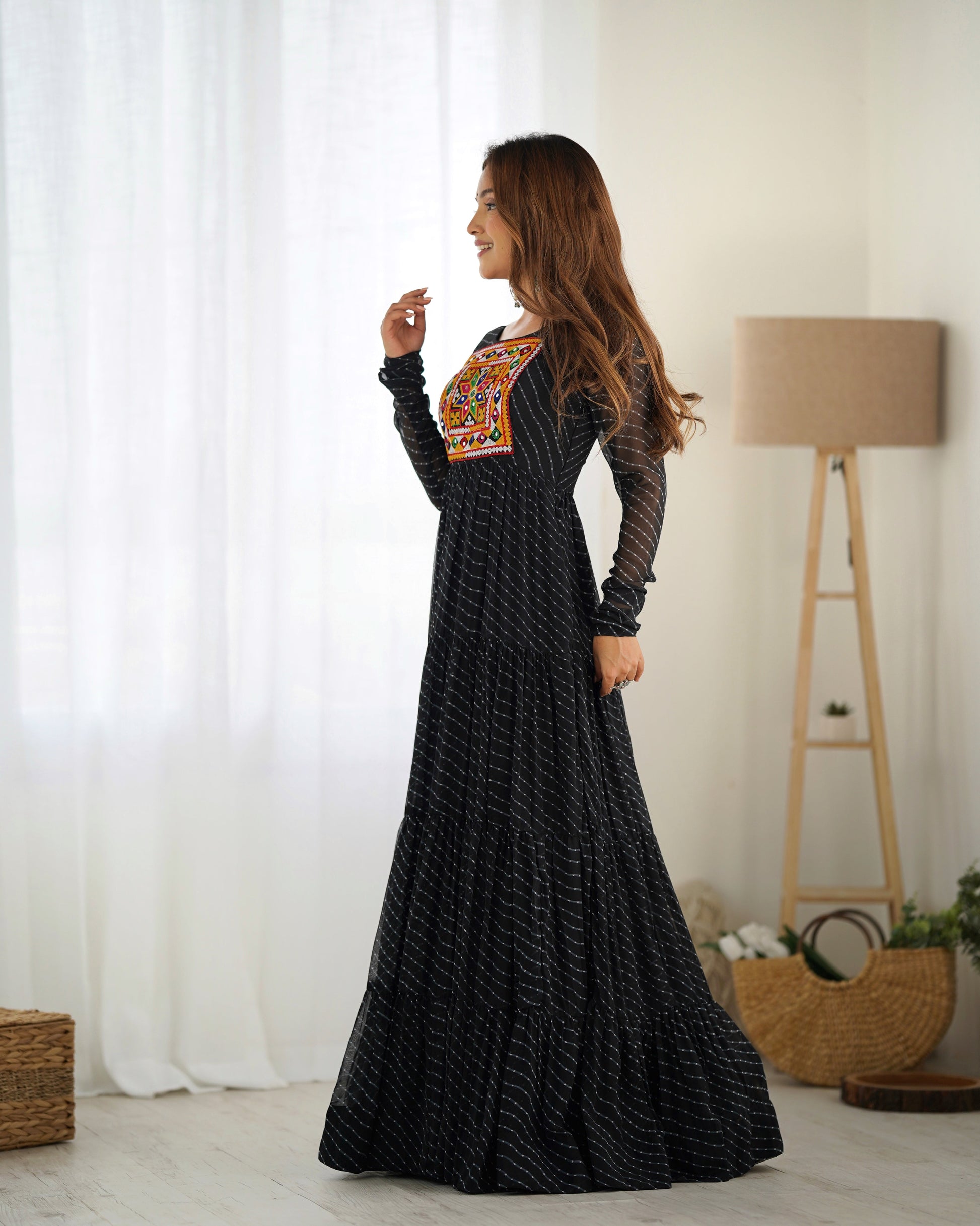Lorenvalley Women Pure Soft Faux Georgette Leheriya Print Anarkali Gown - Black | Swadesiicart