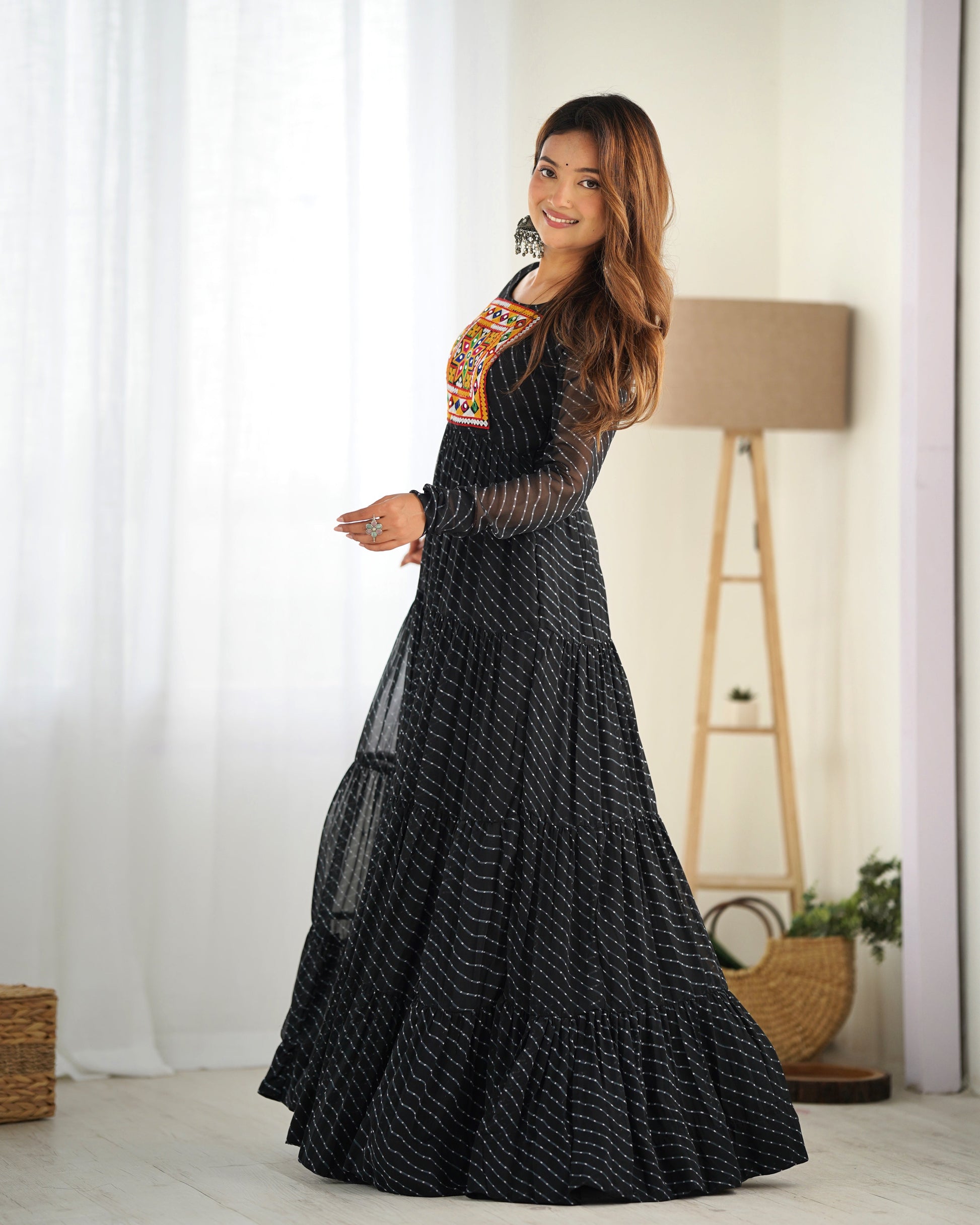 Lorenvalley Women Pure Soft Faux Georgette Leheriya Print Anarkali Gown - Black | Swadesiicart