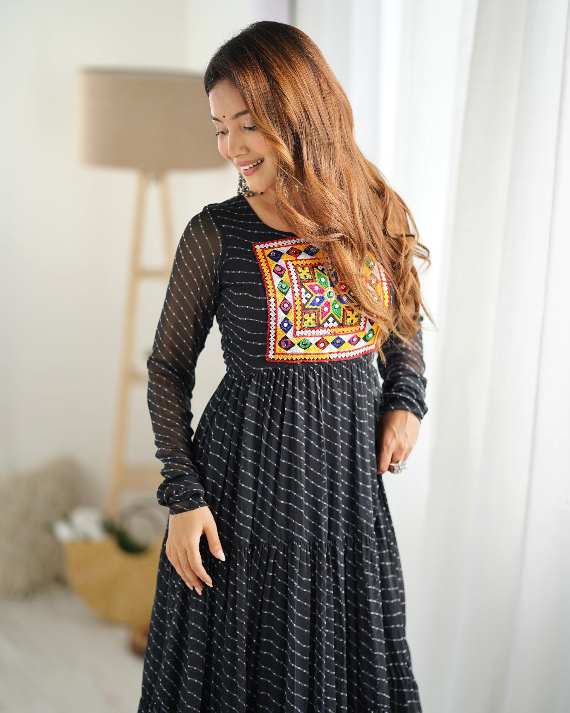 Lorenvalley Women Pure Soft Faux Georgette Leheriya Print Anarkali Gown - Black | Swadesiicart