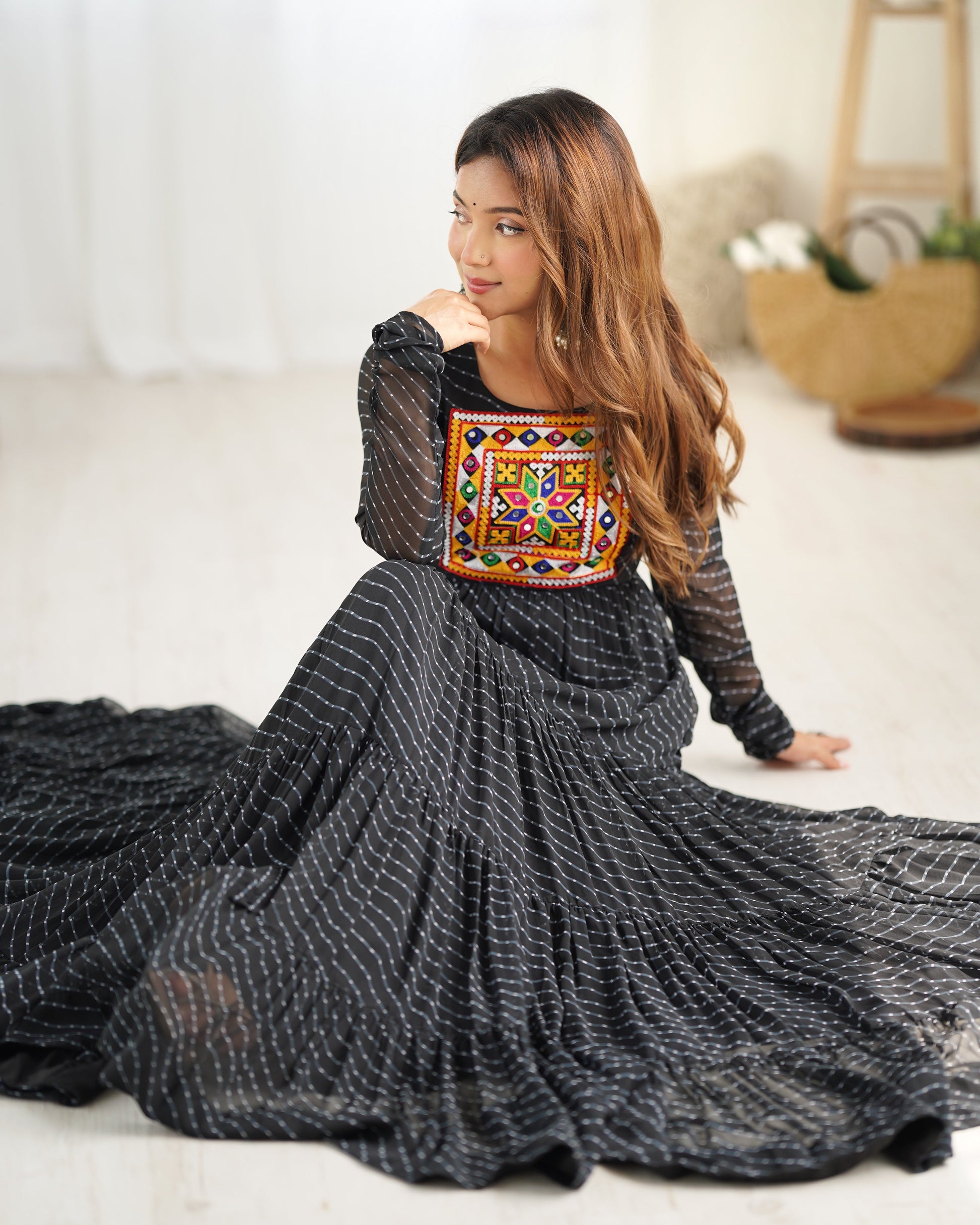 Lorenvalley Women Pure Soft Faux Georgette Leheriya Print Anarkali Gown - Black | Swadesiicart